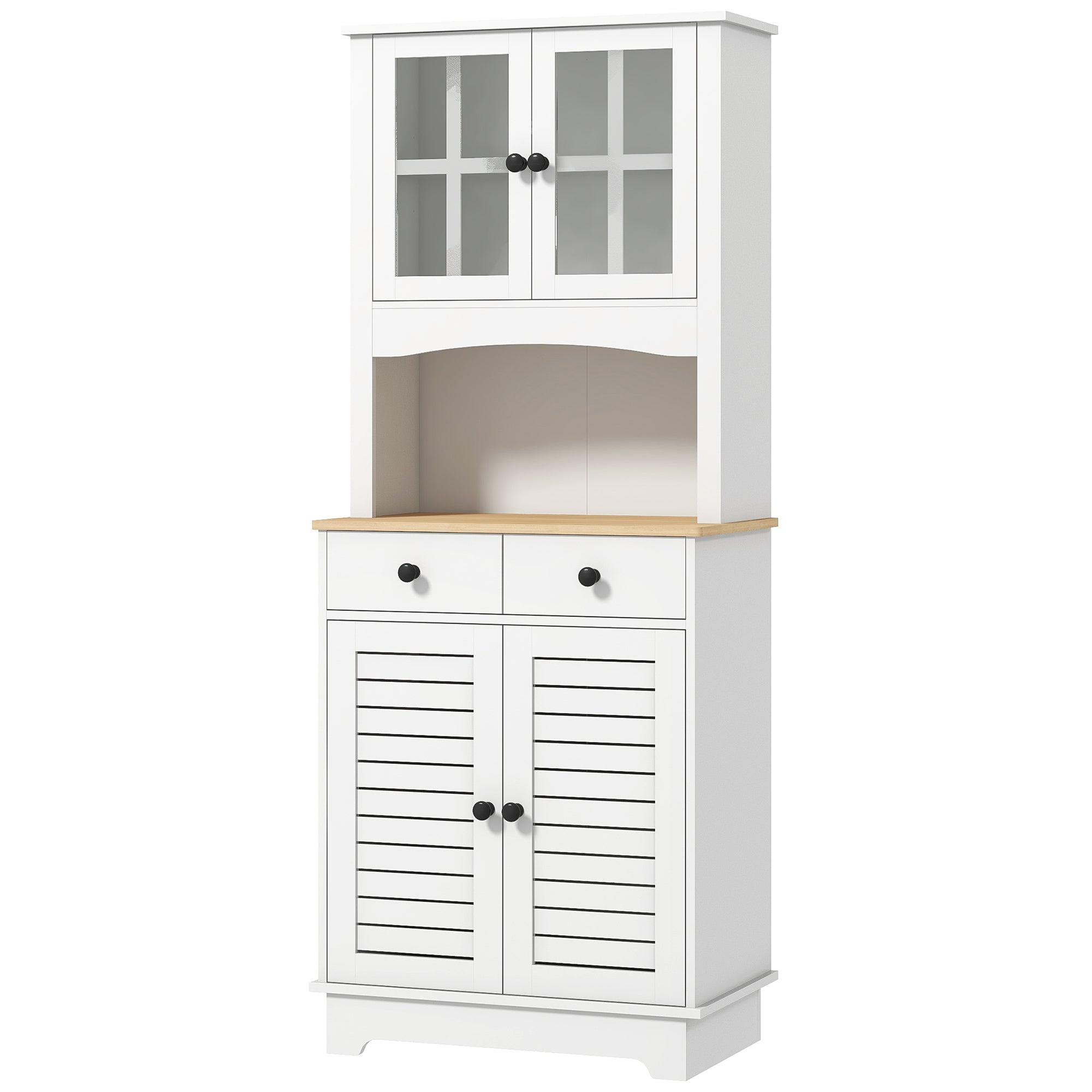 HOMCOM Küchenschrank mit Glastüren, 2 Schubladen, Geschirrschrank, Esszimmerschrank, Holz, 68 x 39,5 x 170 cm, Weiß