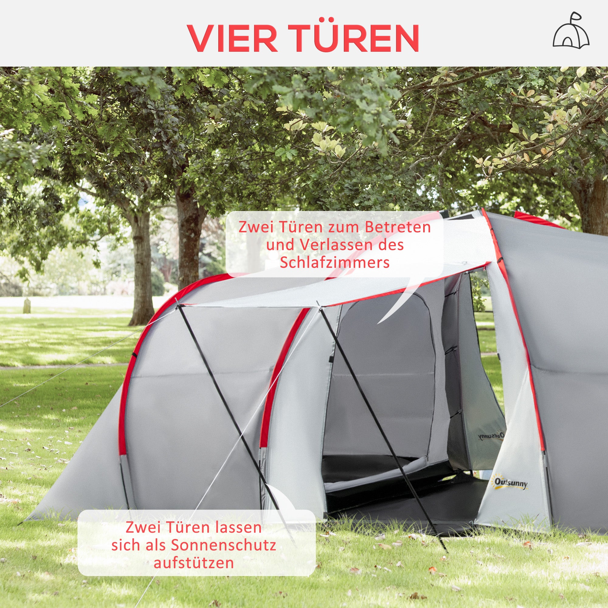 Outsunny Campingzelt, für 4 Personen, Vordach, 2 Schlafzimmer, Fenster, Zubehör, Grau