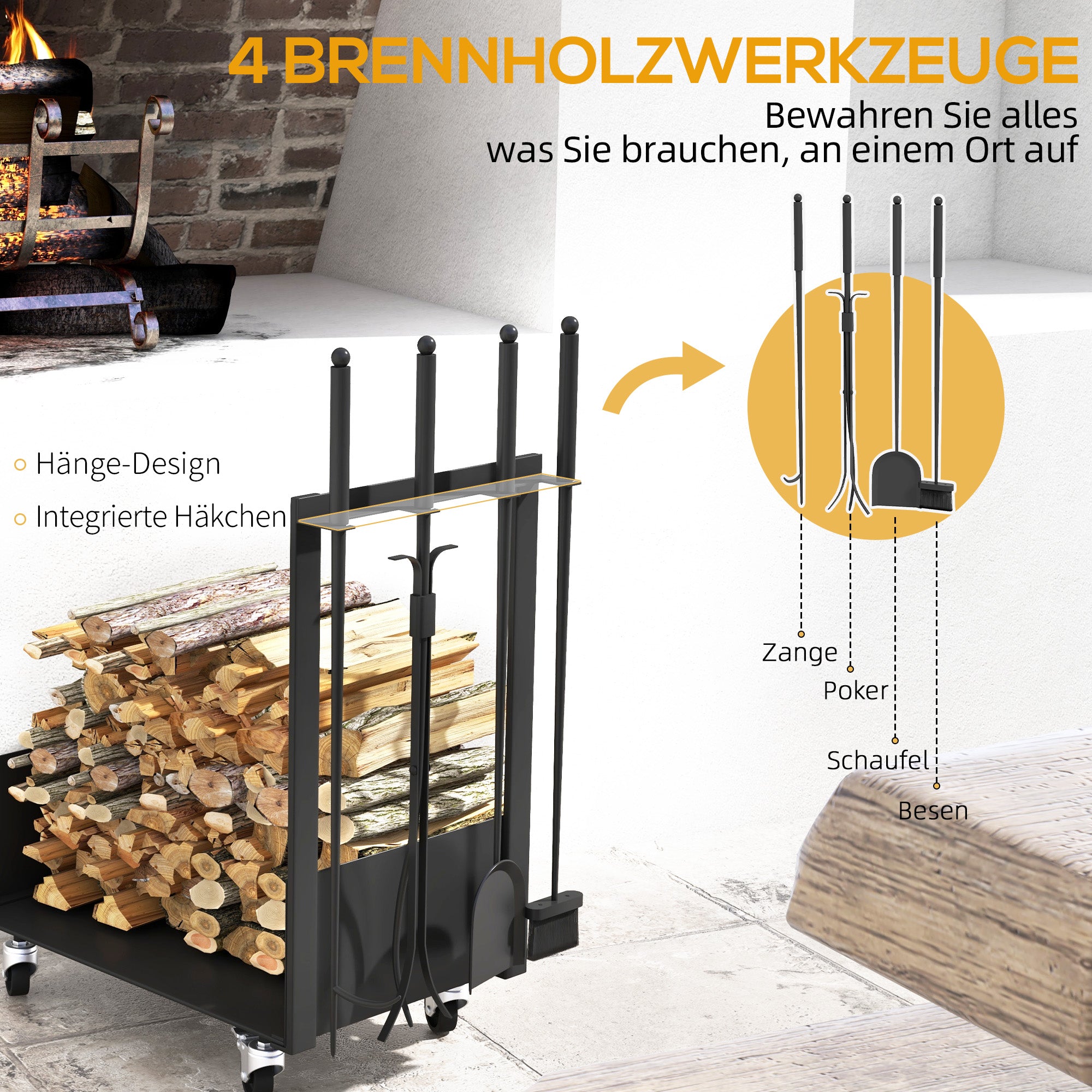 Outsunny Feuerholzgestell mit Rädern, viel Zubehör, Metallrahmen, bis 60 kg, 48 x 30 x 76 cm, Schwarz
