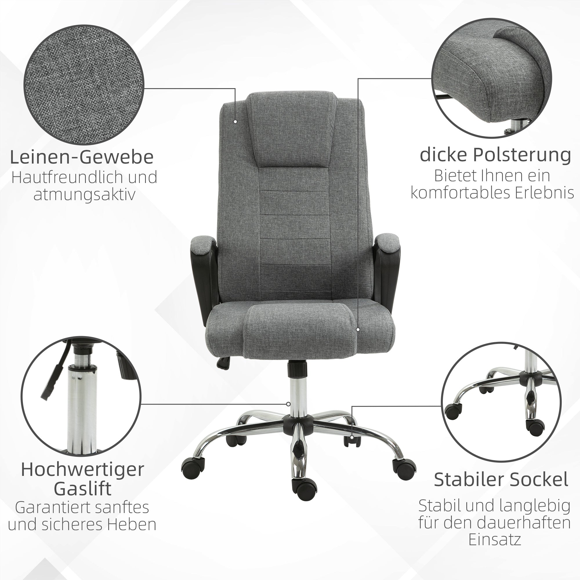 Vinsetto Bürostuhl Computerstuhl mit Wippenfunktion Kopfstütze ergonomischer Schreibtischstuhl drehbar höhenverstellbar Leinen-Touch Grau  62 x 76 x 110-119 cm