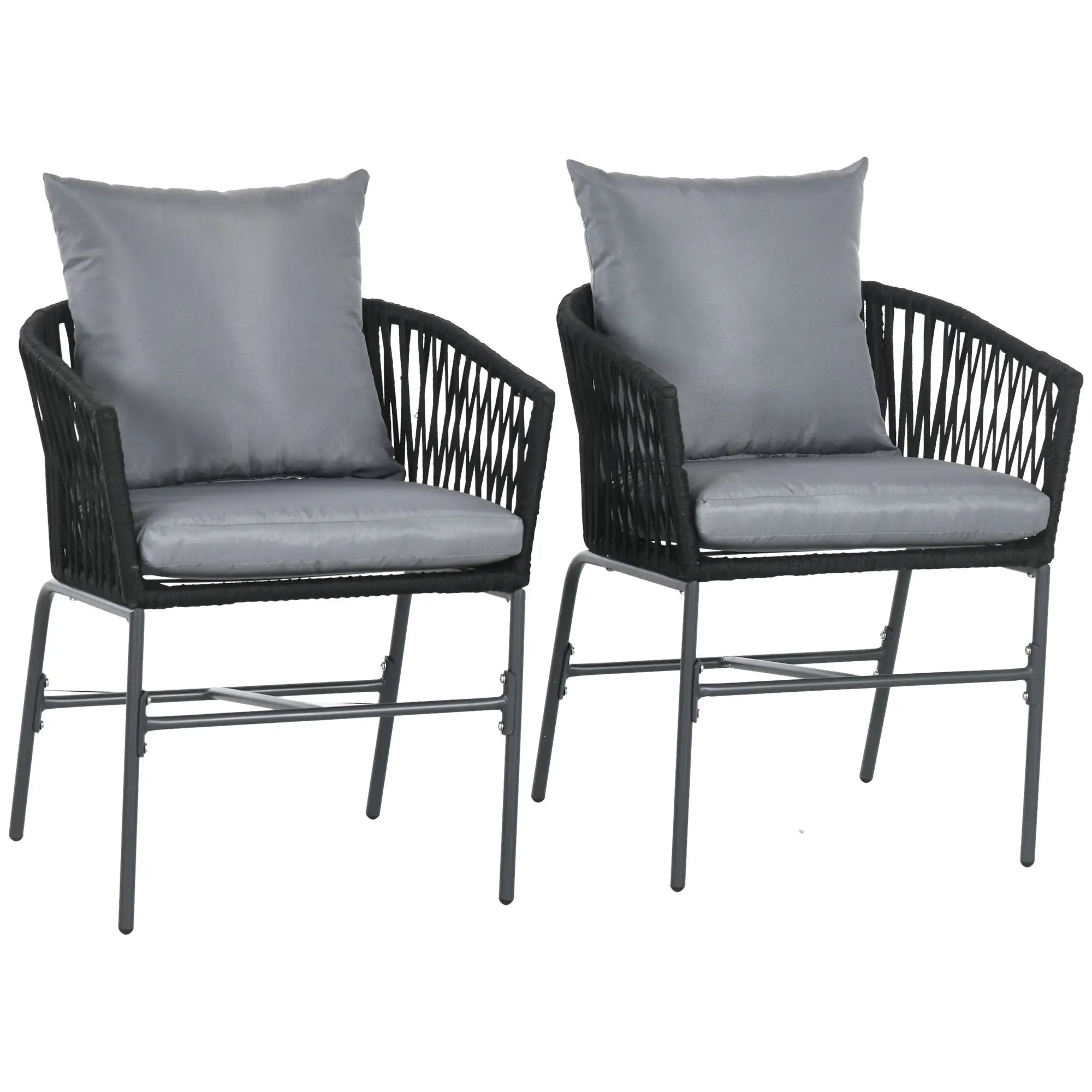 Outsunny Outdoor Stühle, 2-er Set, Boho-Design, Sitz- und Rückenkissen, bequeme Sitzschale, Metallrahmen, Schwarz