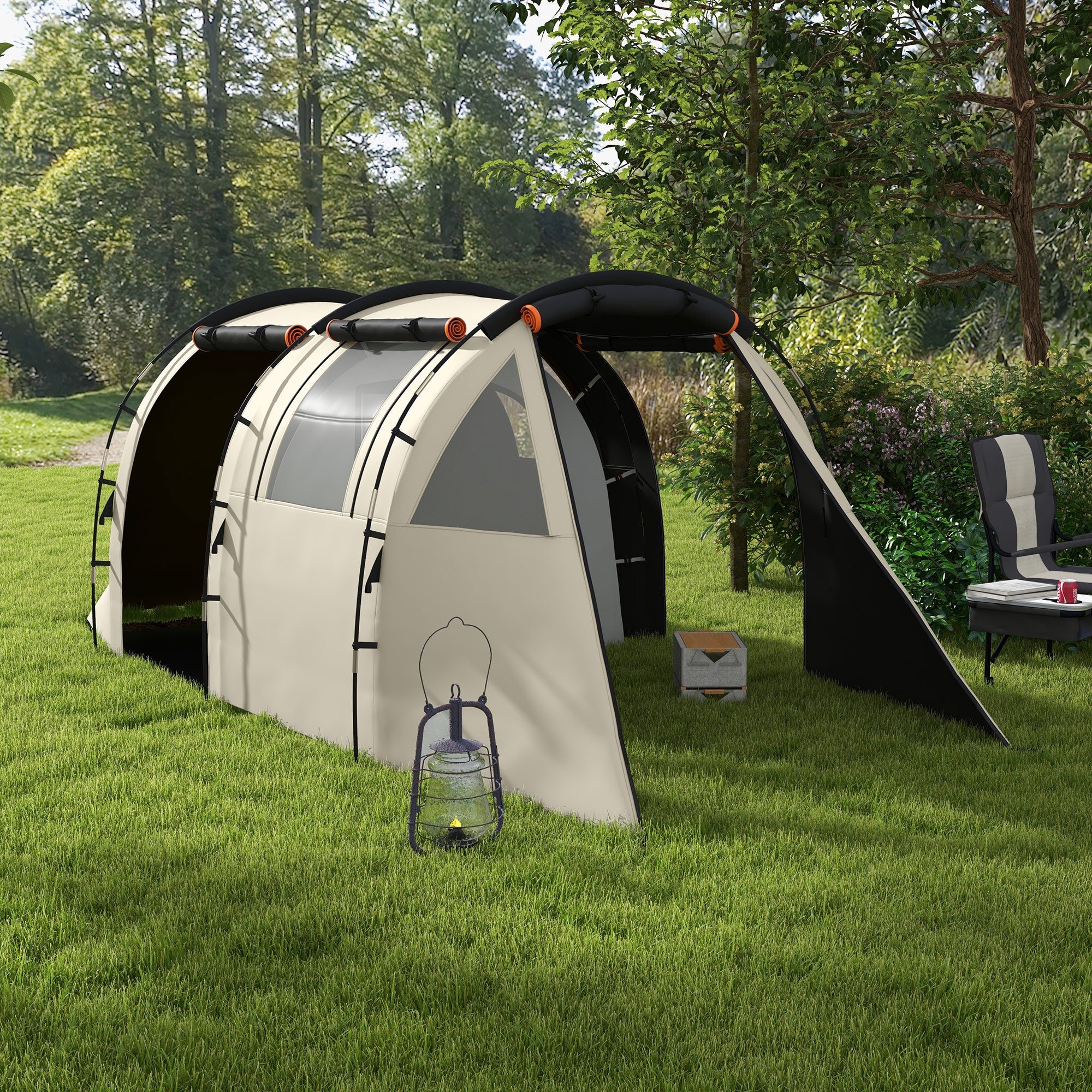 Outsunny Campingzelt für 4-5 Pers., abdunkelbare Fenster, wasserdicht, 180H x 460L x 230B cm, Khaki/Orange