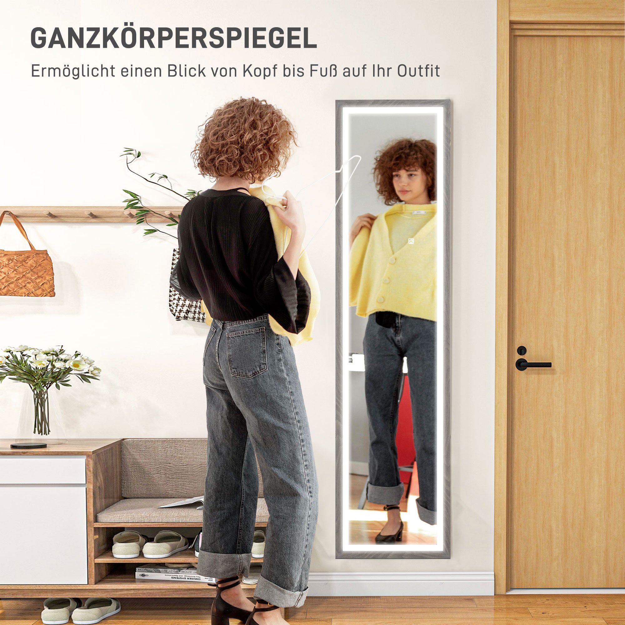 HOMCOM LED Ganzkörperspiegel, 40 x 160 cm, Touch-Steuerung, dimmbar, 3 Farben,  Grau
