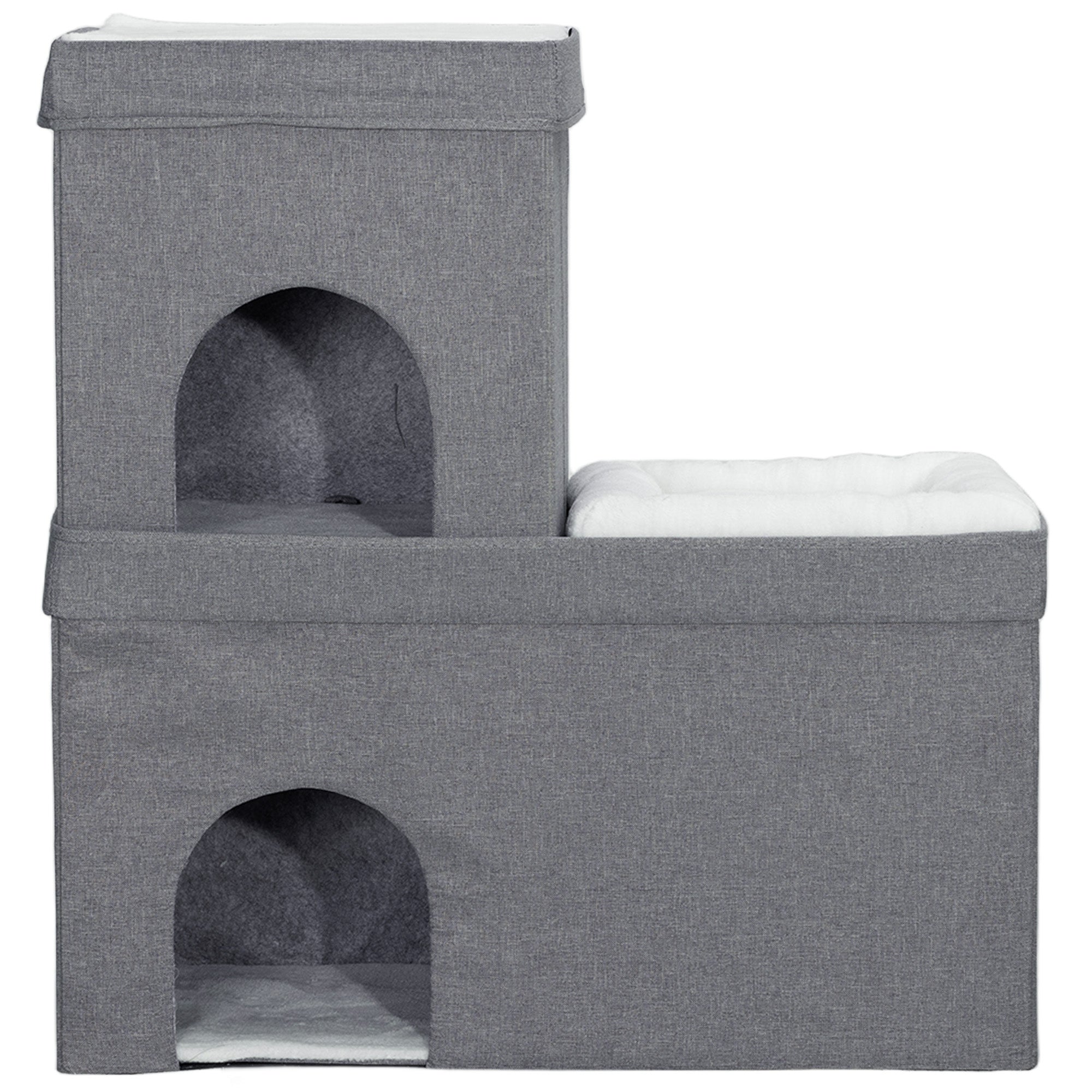 PawHut Katzenhaus mit 2 Katzenhöhlen, einfache Montage, Plüsch, 74 x 37,5 x 78,5 cm, Grau/Cremeweiß