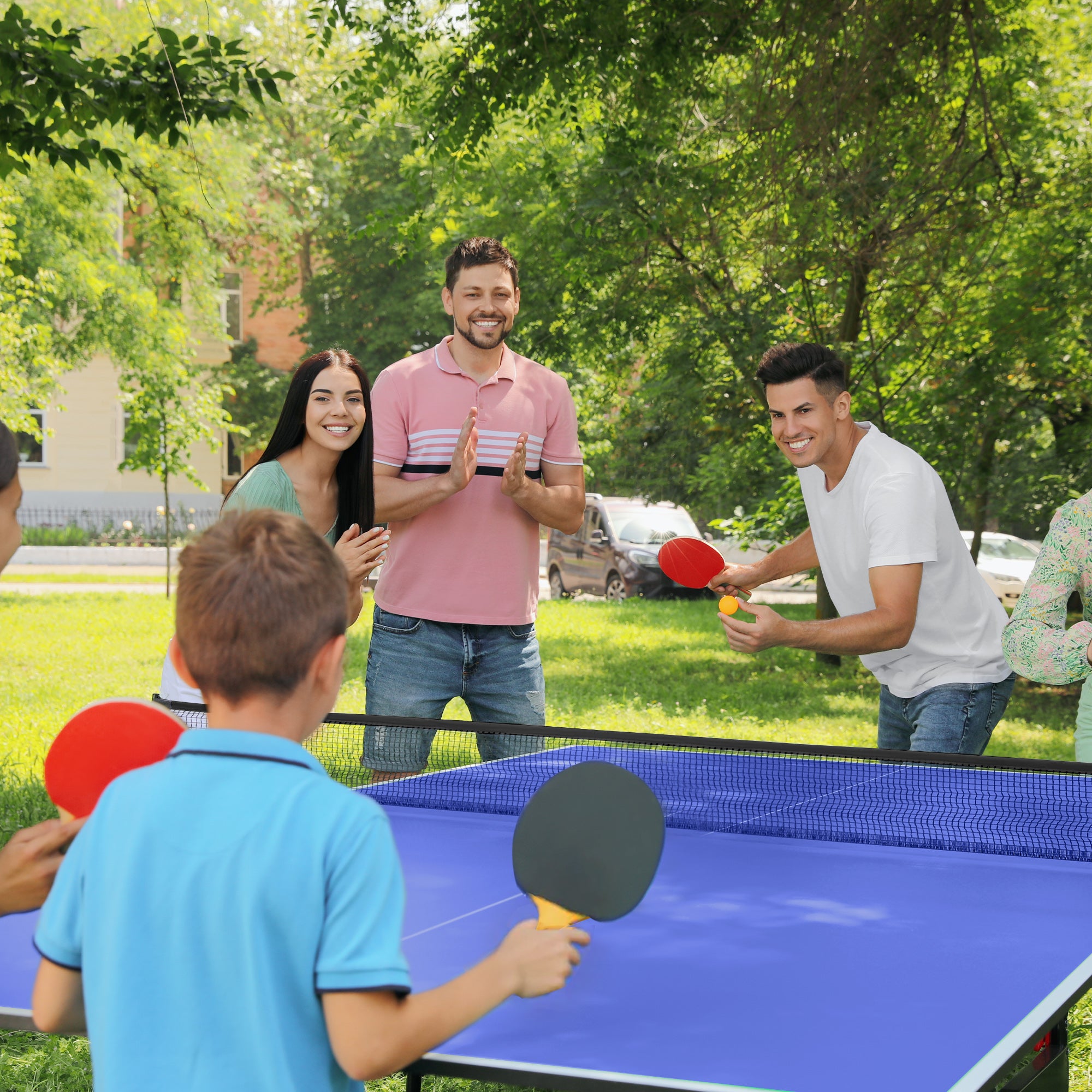 SPORTNOW Tischtennisplatte, klappbar, inkl. 2 Schläger, 3 Bälle, Netz, In- & Outdoor, Metallgestell, 274x152x76cm, Blau