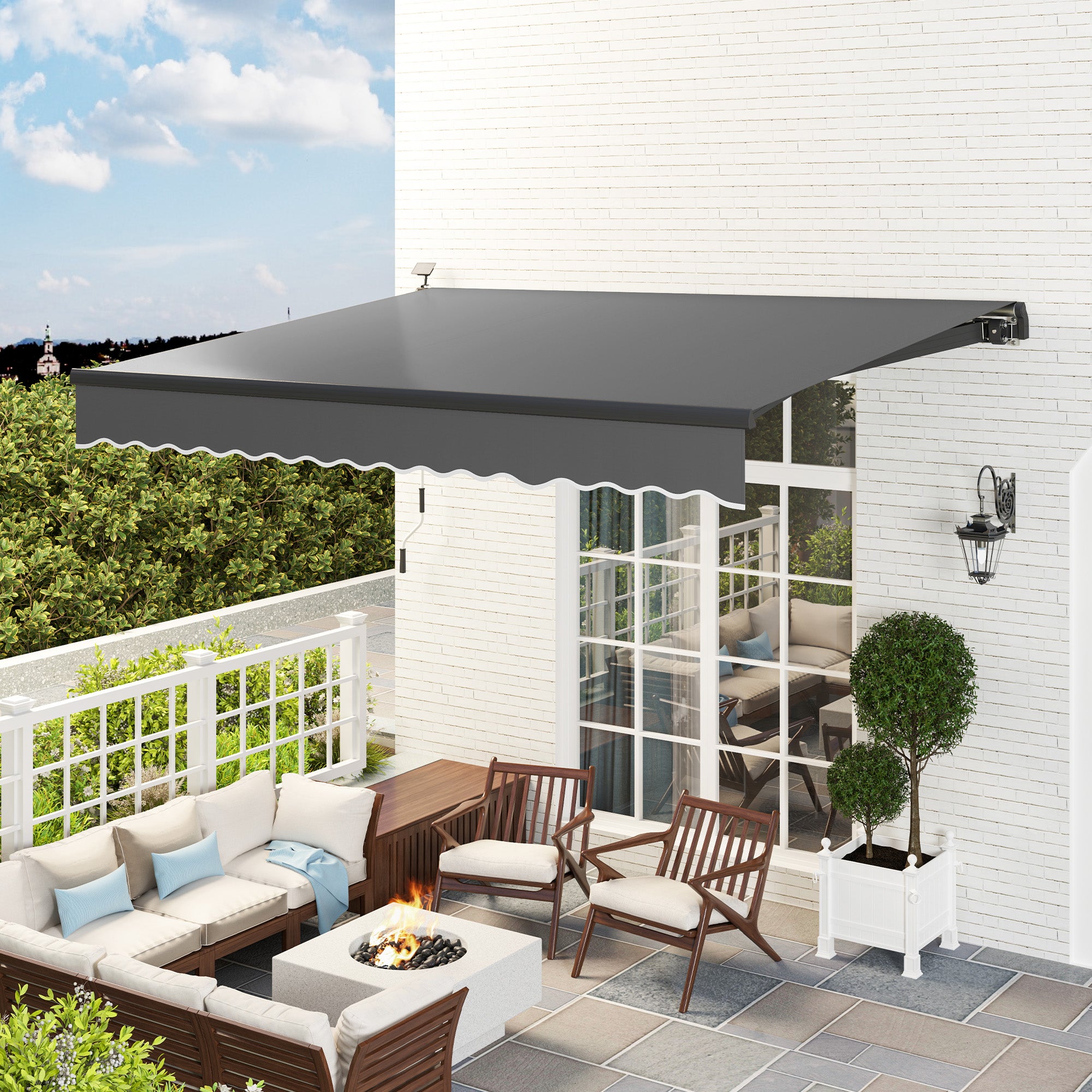Outsunny Klemmmarkise mit Handkurbel Solar-Lichte Gelenkarmmarkise Markise Sonnenschutz UV 50+ 400 cm breit Grau