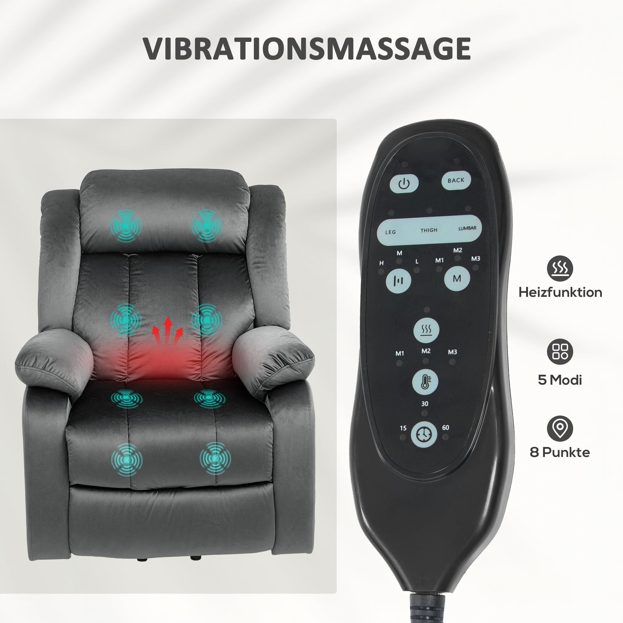 HOMCOM Aufstehsessel mit Massagefunktion und Lendenheizung, Recliner-Sessel mit Fernbedienungen und Seitentaschen, Grau