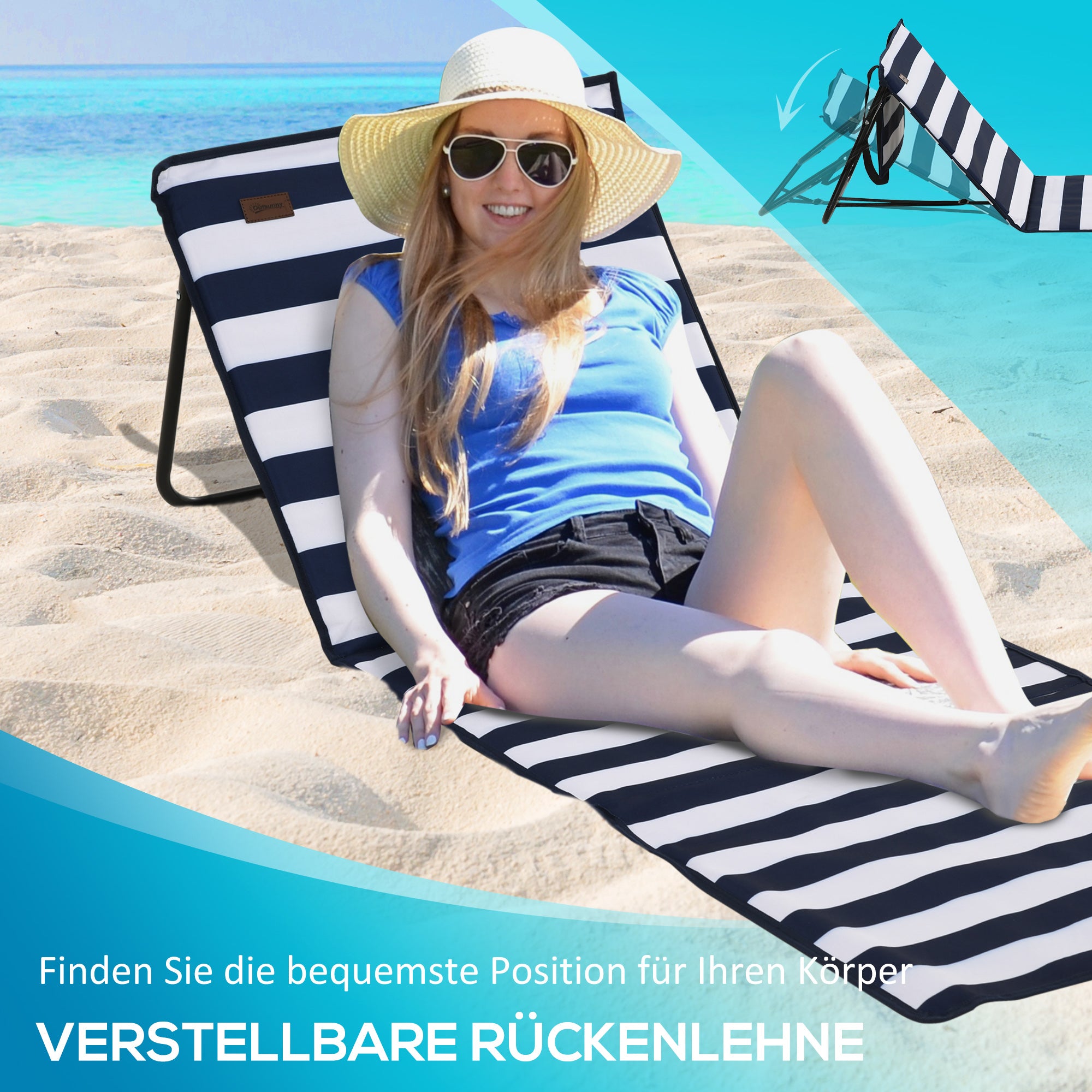 Outsunny Strandliege, klappbar, verstellbare Rücklehne, Seitentasche, weiche Polsterung, Stahlrahmen, blau+weiß, 142x51x40cm