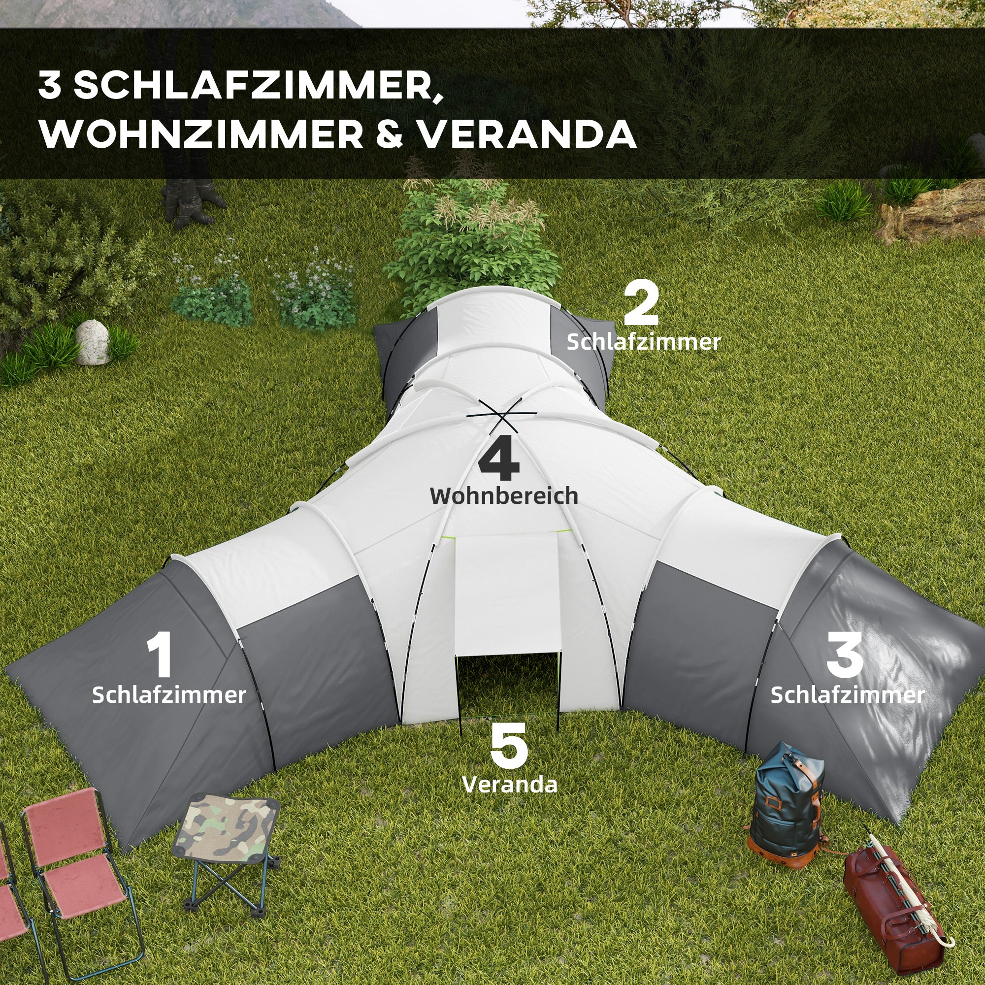 Outsunny Campingzelt für 6-9 Personen, 4 Räume, Vorzelt, wasserdicht, 615x 615x225cm, Grau
