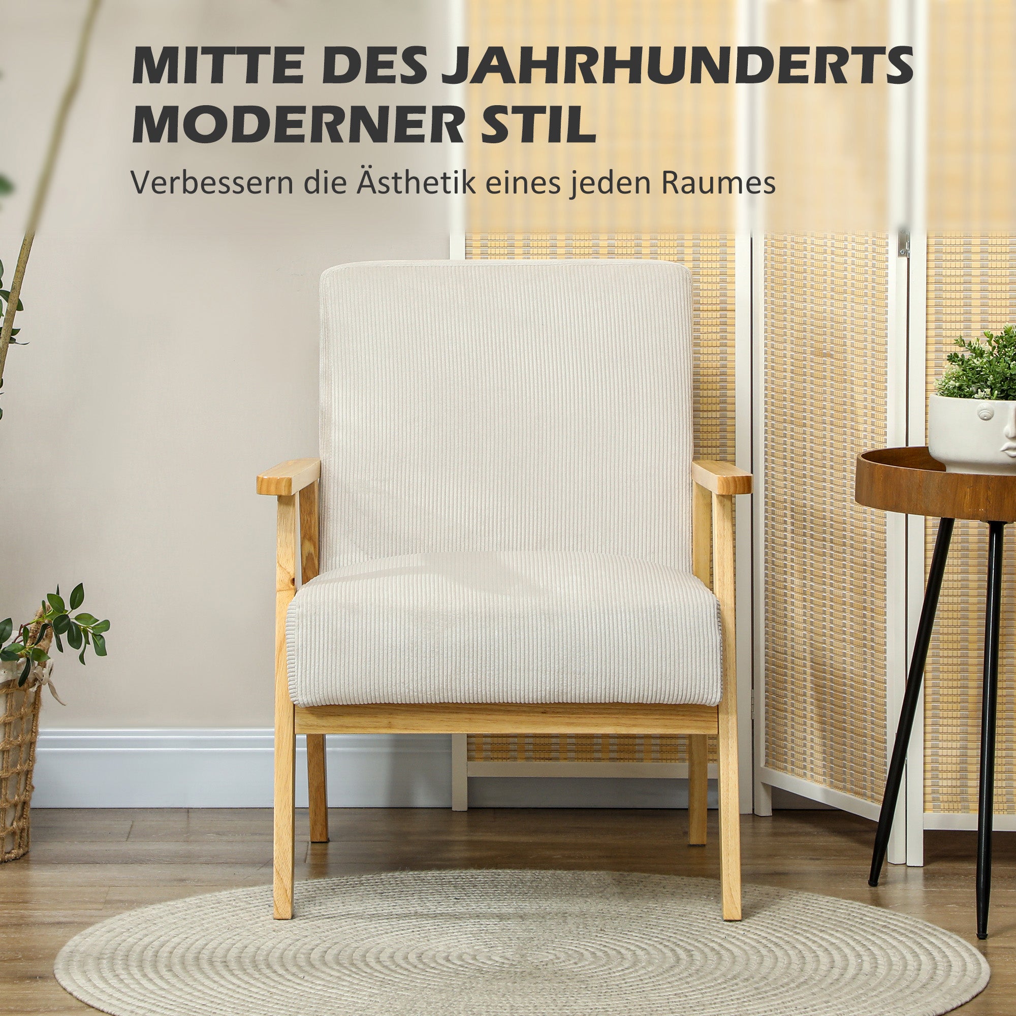 HOMCOM Moderner Sessel mit Armlehnen, mit Stoffbezug, aus Kautschukholz, Akzentsessel, trägt 120 kg, Cremeweiß