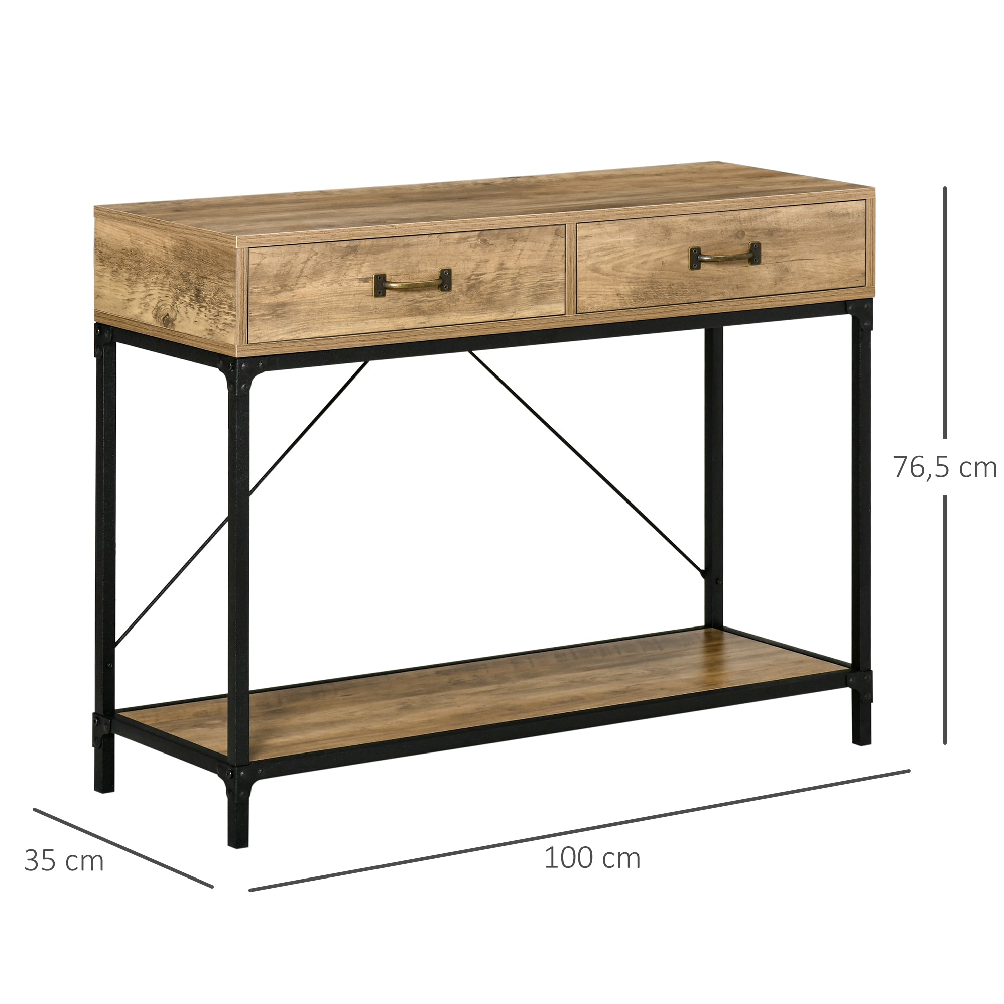 HOMCOM Konsolentisch Flurtisch mit Ablage und 2 Schubladen, 100 x 35 x 76,5 cm Beistelltisch Sofatisch Ausstellungstisch für Kleinen Raum, Eingang, Flur, Wohnzimmer Braun+Schwarz