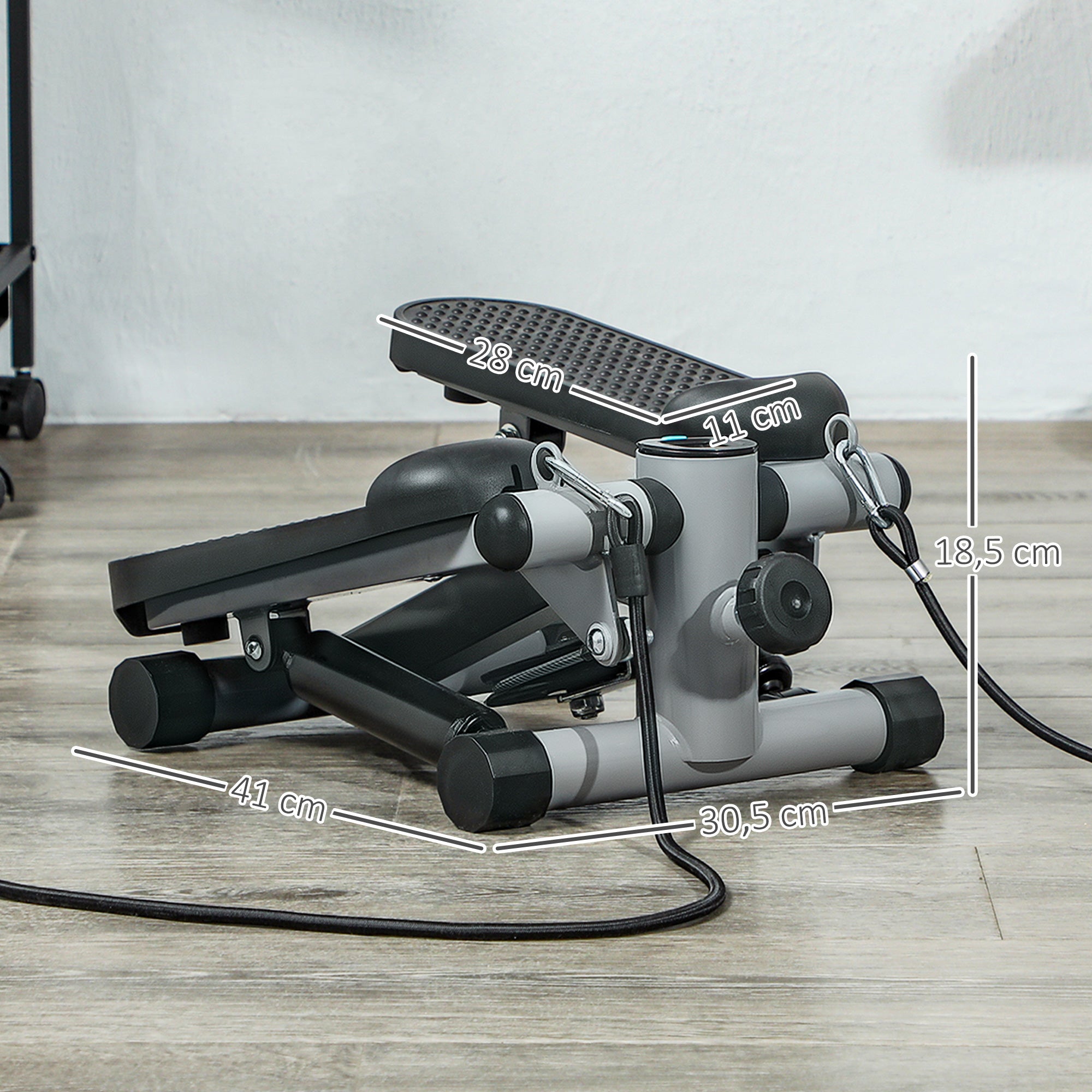 SPORTNOW 2 in 1 Mini-Stepper für Zuhause mit Power Ropes, LCD-Display Up-Down Swing Stepper 41 x 30,5 x 18,5 cm Grau