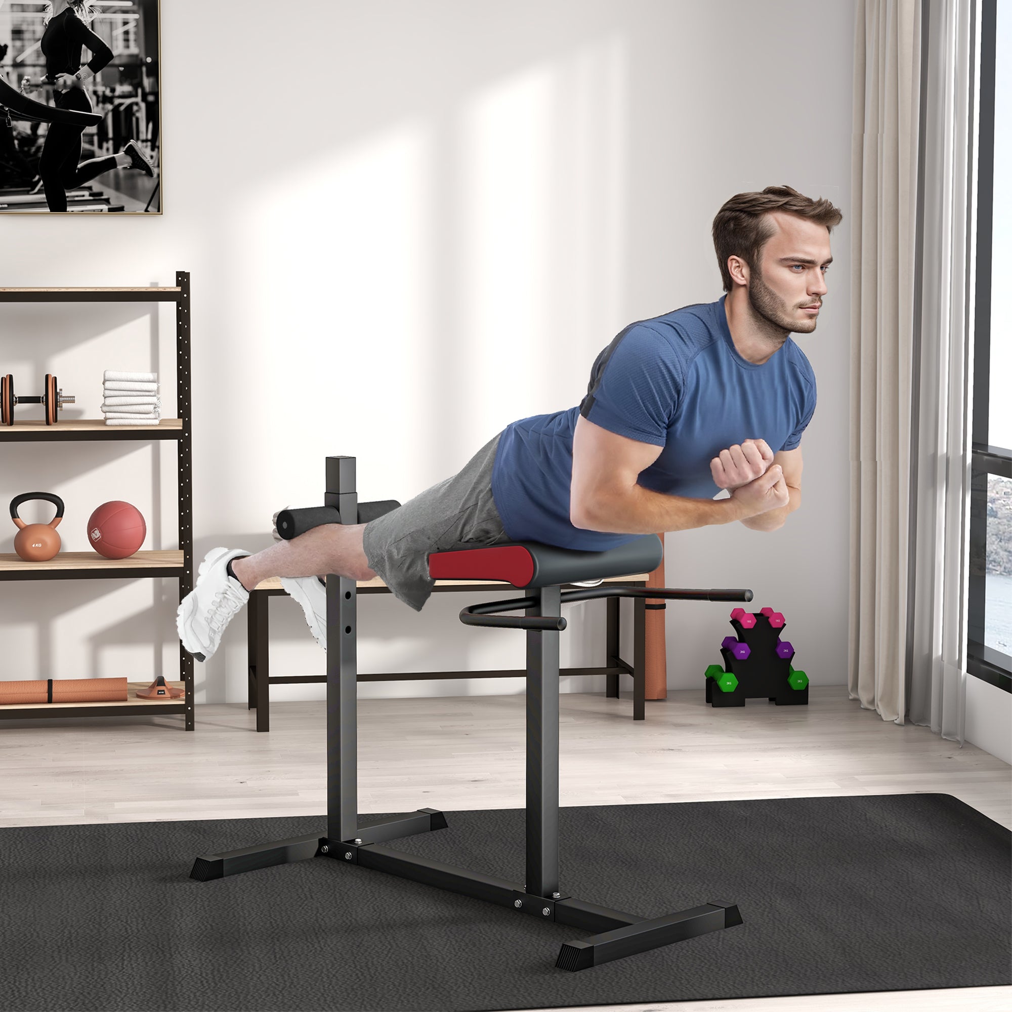 SPORTNOW Rückentrainer & Bauchtrainer – 6-fach verstellbar, Stahl, Schwarz