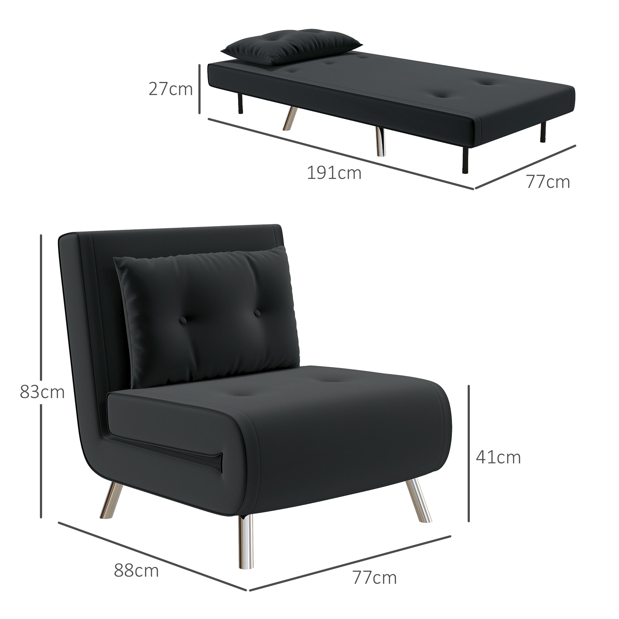 HOMCOM Liegesessel Sessel mit Liegefunktion Schlafsessel, Knopfheftung, Leinenoptik, 77 cm x 88 cm x 83 cm, Schwarz