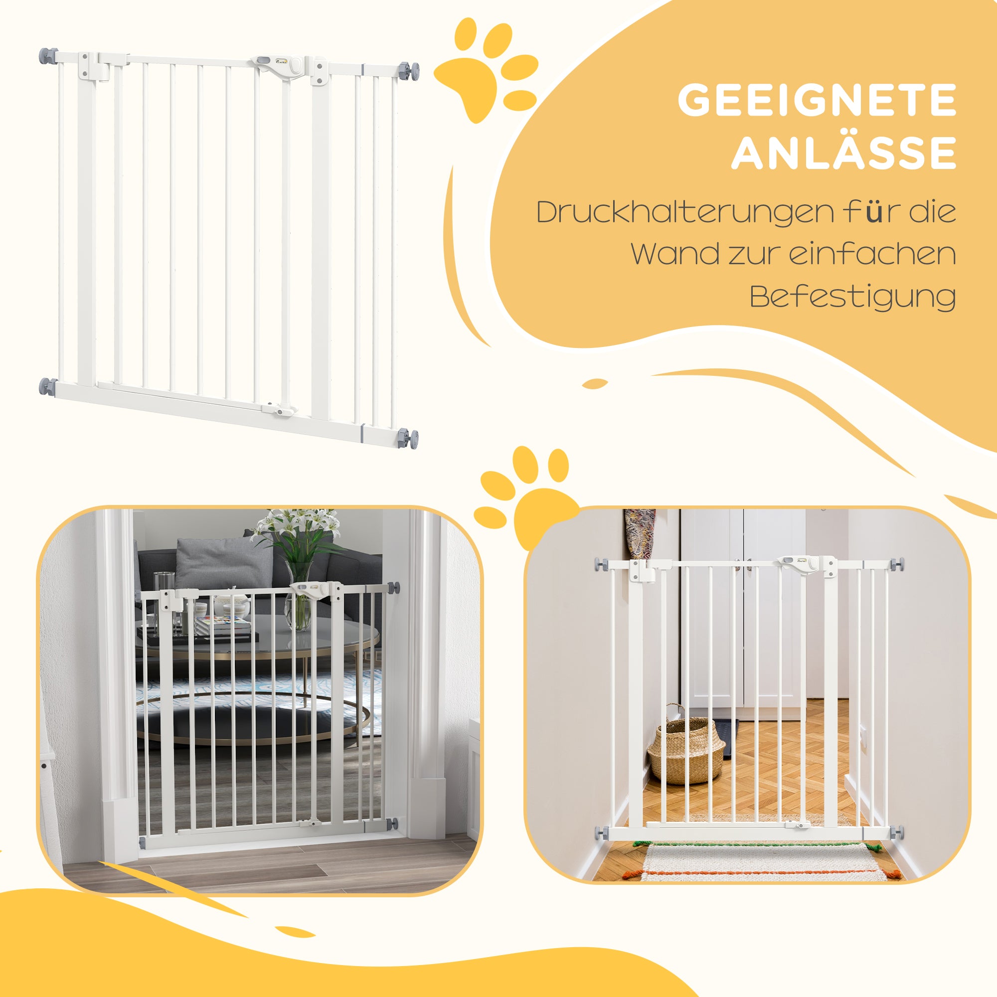 PawHut Türschutzgitter für Hunde, Absperrgitter, Schutzgitter für Haustiere, Metall, Kunststoff, 74-87 cm, Weiß