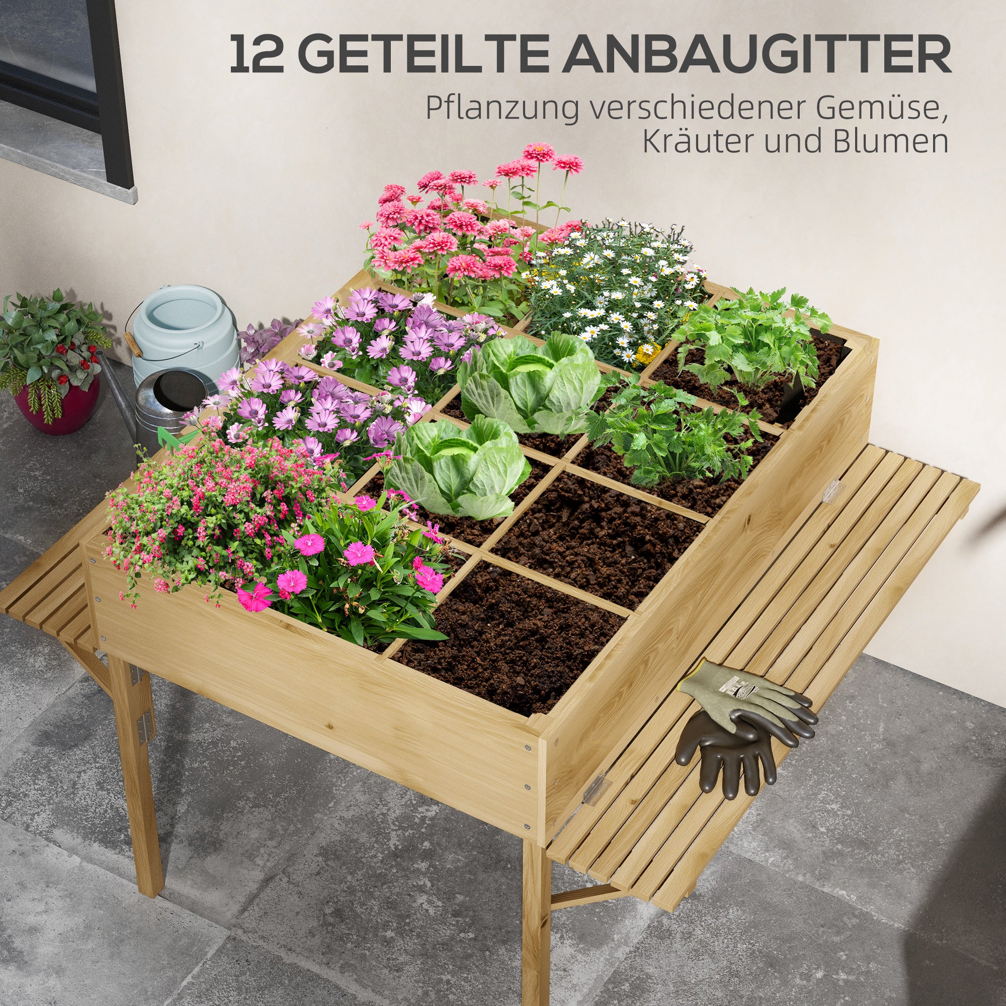 Outsunny Hochbeet mit 12 Trenngittern, klappbare Seitenregale, wetterfest, Tannenholz, 122 x 91,5 x 89 cm
