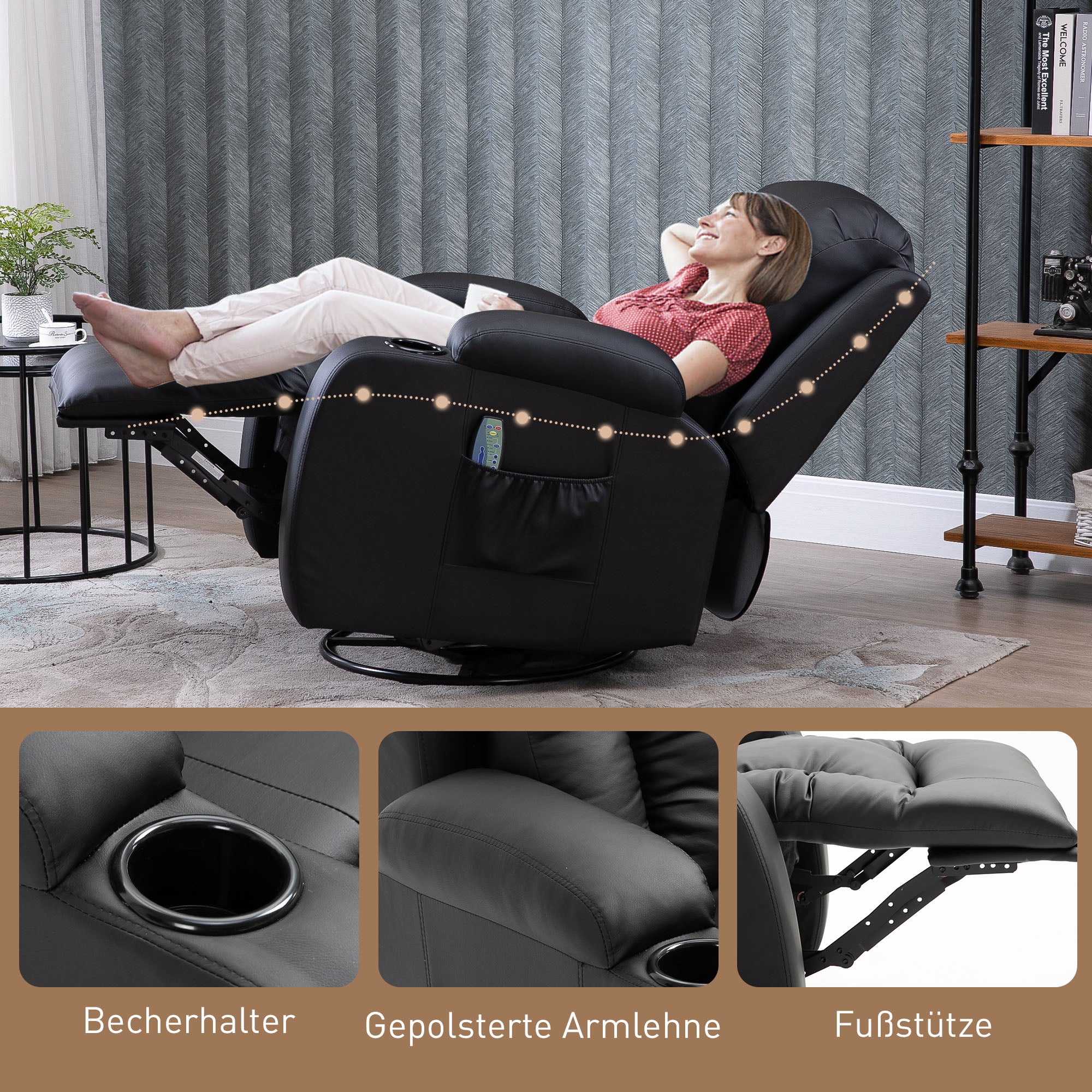 HOMCOM Massagesessel, Relaxsessel, Wippfunktion, 8 Vibrationspunkte, inkl. Fernbedienung, Schwarz