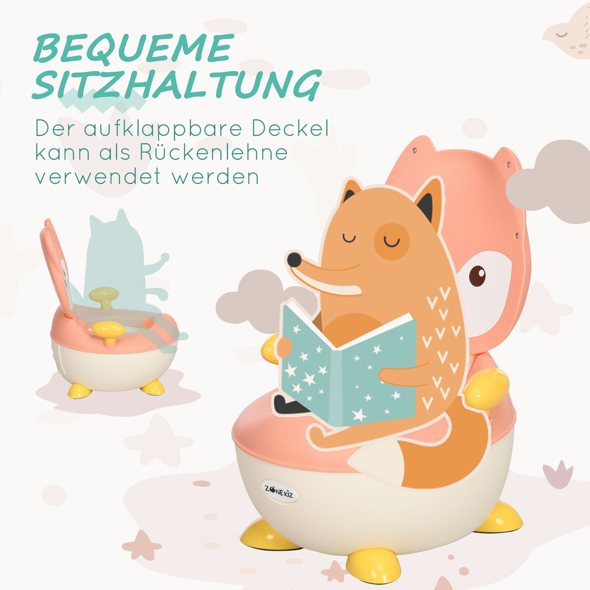 ZONEKIZ Töpfchen für Kinder 0,5 bis 3 Jahre, rutschfest, Innentopf, Spritzschutz, Fuchs-Design, 34,5 x 35 x 23 cm