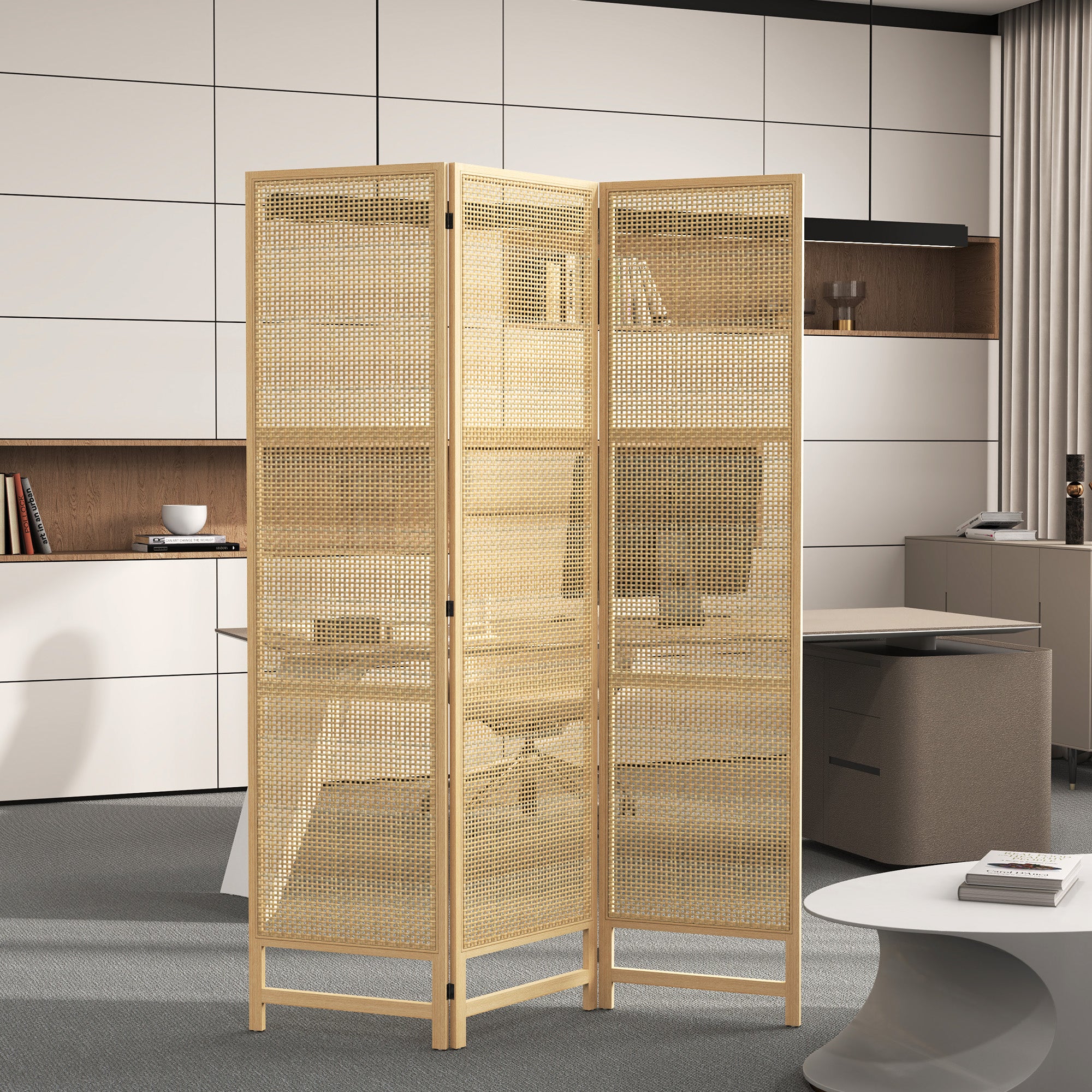 HOMCOM 3-teiliger Raumteiler, 180 cm faltbarer Wandschirm, Freistehender Raumtrenner mit handgewebtem Design für Zuhause, Natur