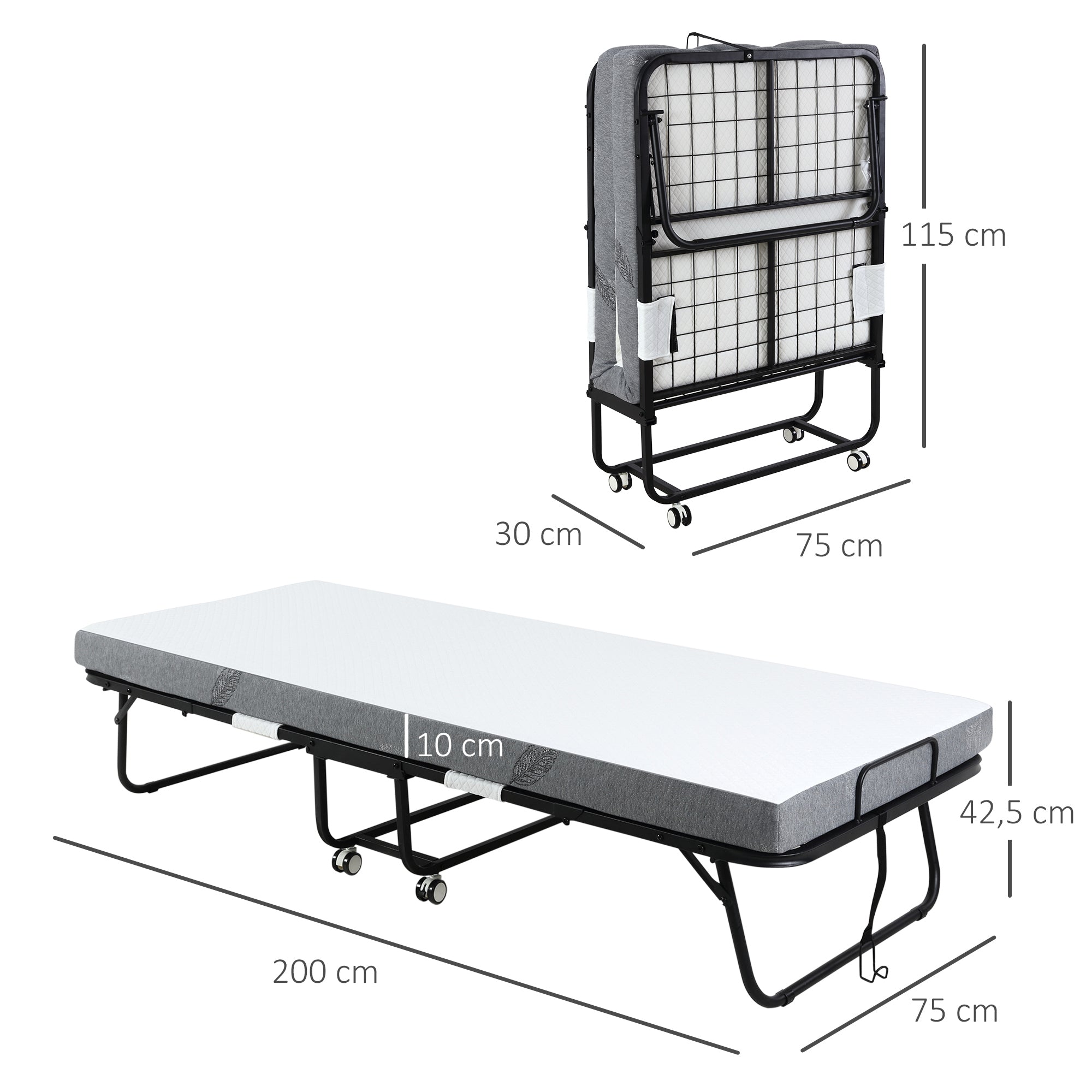 HOMCOM Gästebett Klappbett mit Rollen Stahl+Schaumstoff Weiß+Schwarz 200 x 80 x 42,5 cm