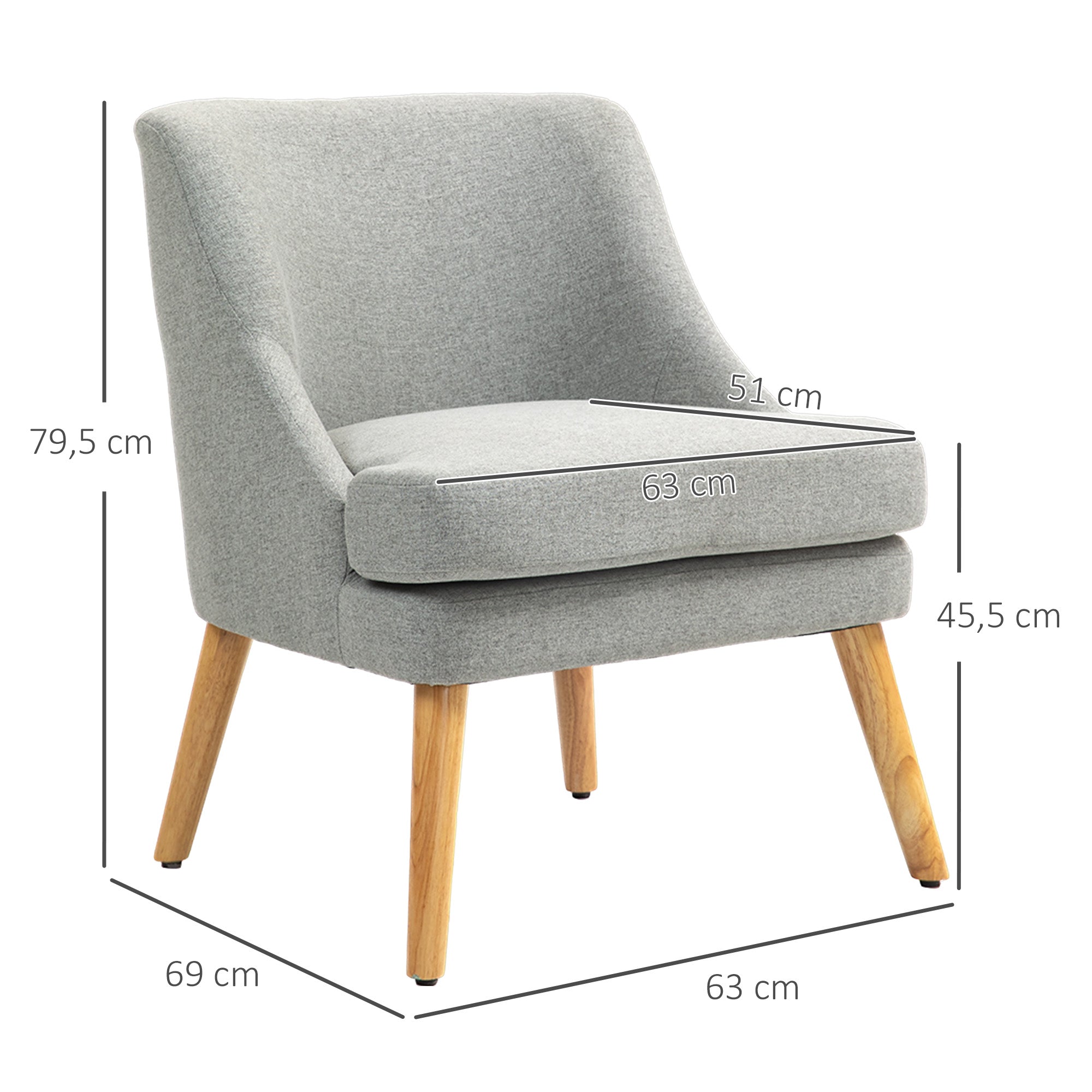 HOMCOM Gepolsterter Loungesessel in Leinenoptik, Armlehne, Holzbeine, für Wohnzimmer, Schlafzimmer, Hellgrau
