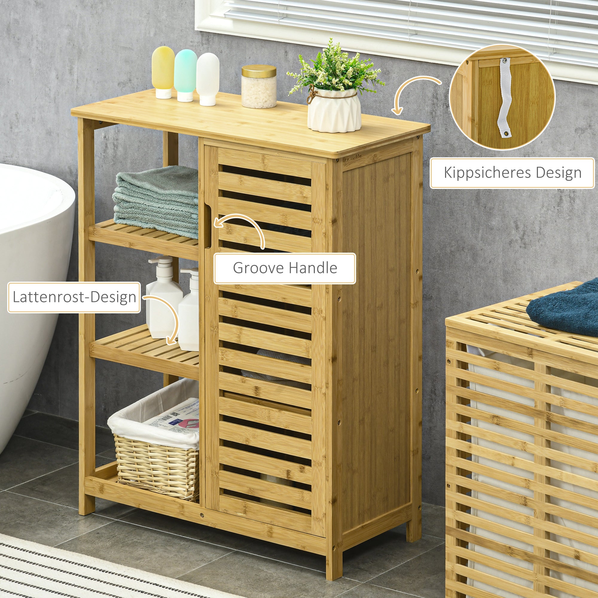 kleankin Badezimmerschrank aus Bambus, 3 Regale, 1 Schrank mit Lamellentüren, Natur