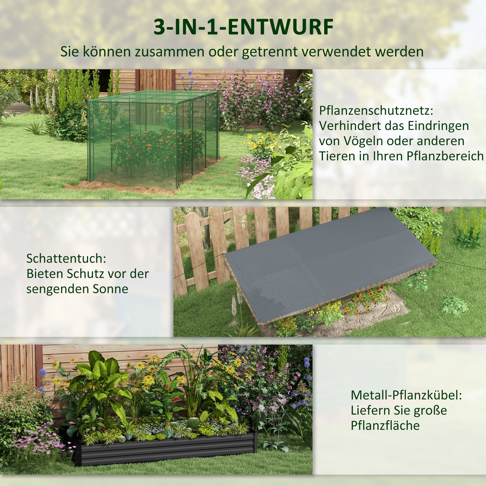 Outsunny Hochbeet mit Vogelschutznetz und Sonnenschutz, Metall-Gehäuse, 230x110x110 cm, Grau/Grün/Schwarz