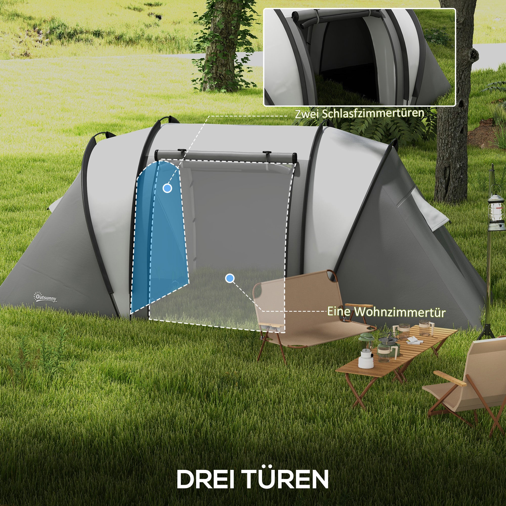 Outsunny Campingzelt für 4-5 Personen leicht wasserabweisend Familienzelt mit 3 Zimmer Seitentür Fenster Grau