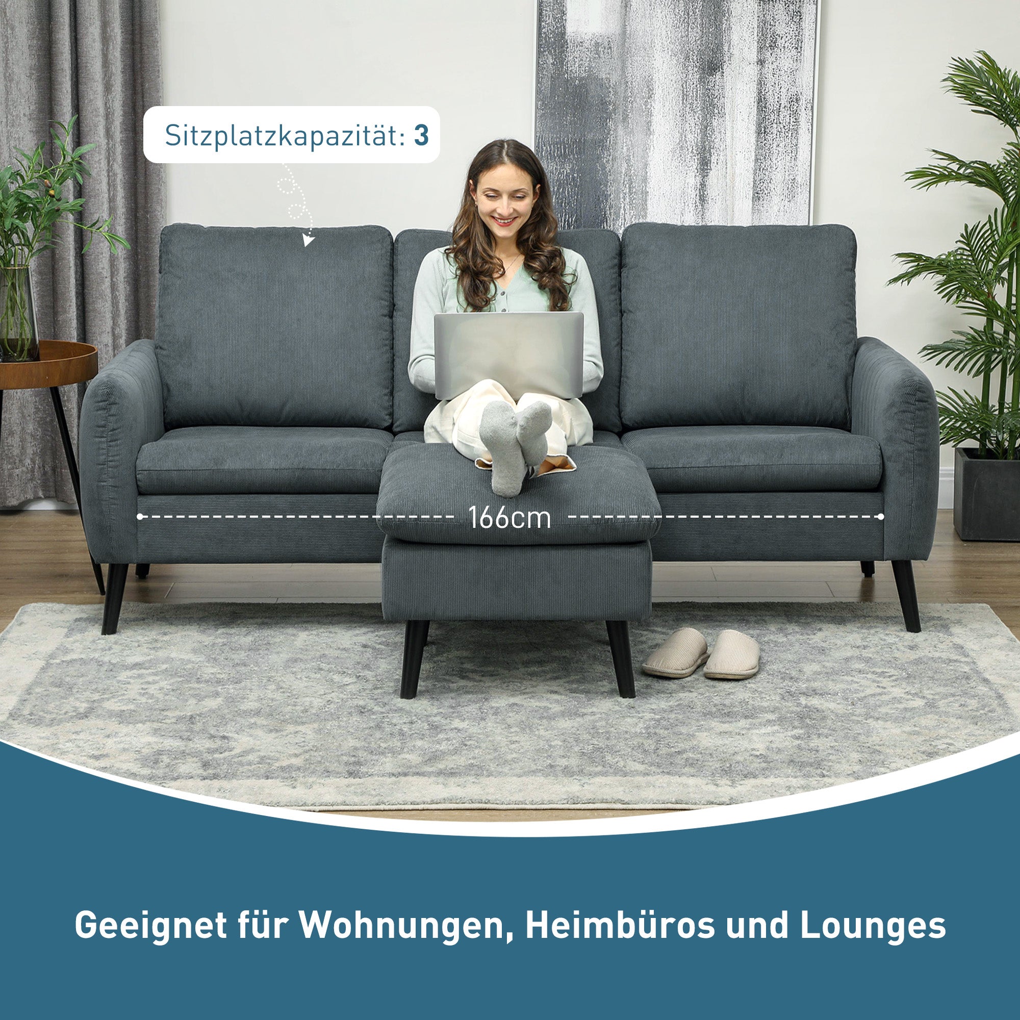 HOMCOM Ecksofa, 3-Sitzer-Sofa mit Fußhocker, Stoffbezug, L-förmiges Couch-Set, Dunkelgrau