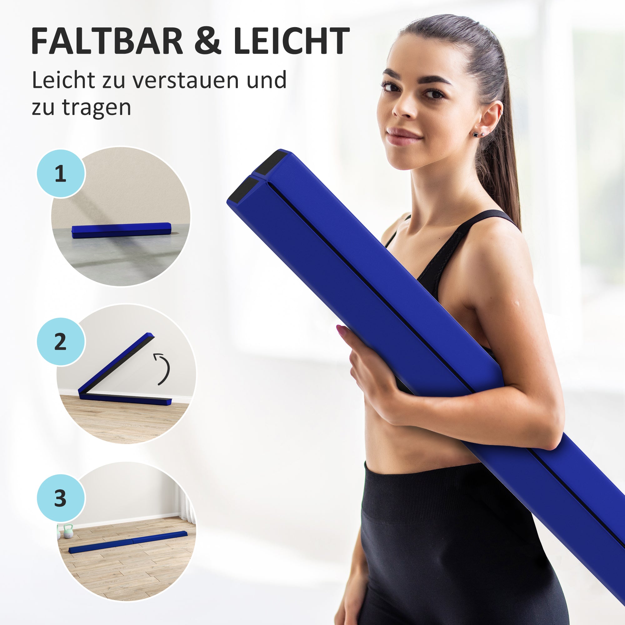 SPORTNOW Schwebebalken 2,4 m, faltbar, rutschfester Boden, für 3+ Jahre, bis 80 kg, Blau