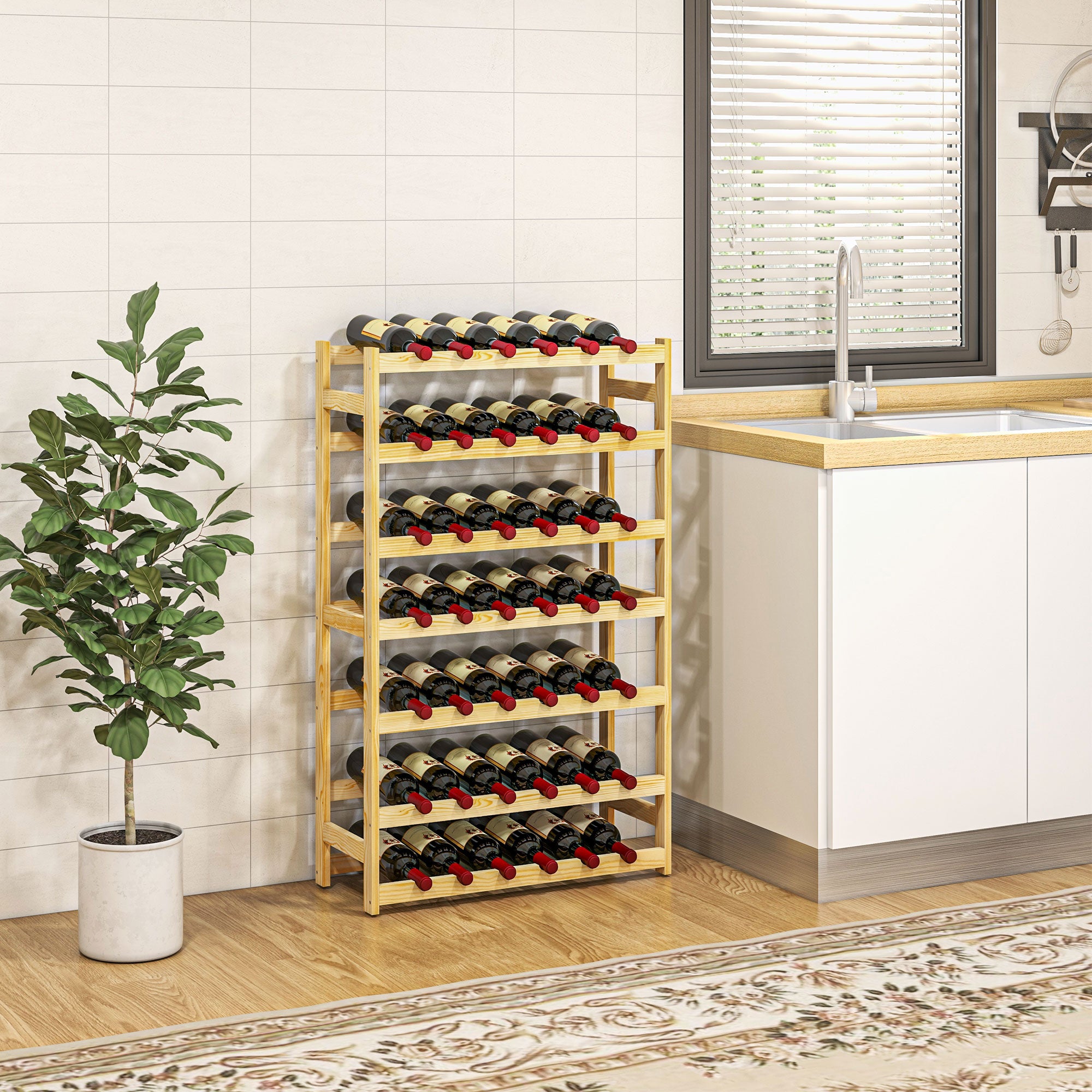 HOMCOM Weinregal, 7 Etagen, für 42 Flaschen, Kippschutz, Kiefernholz, 63x25x102cm, Natur
