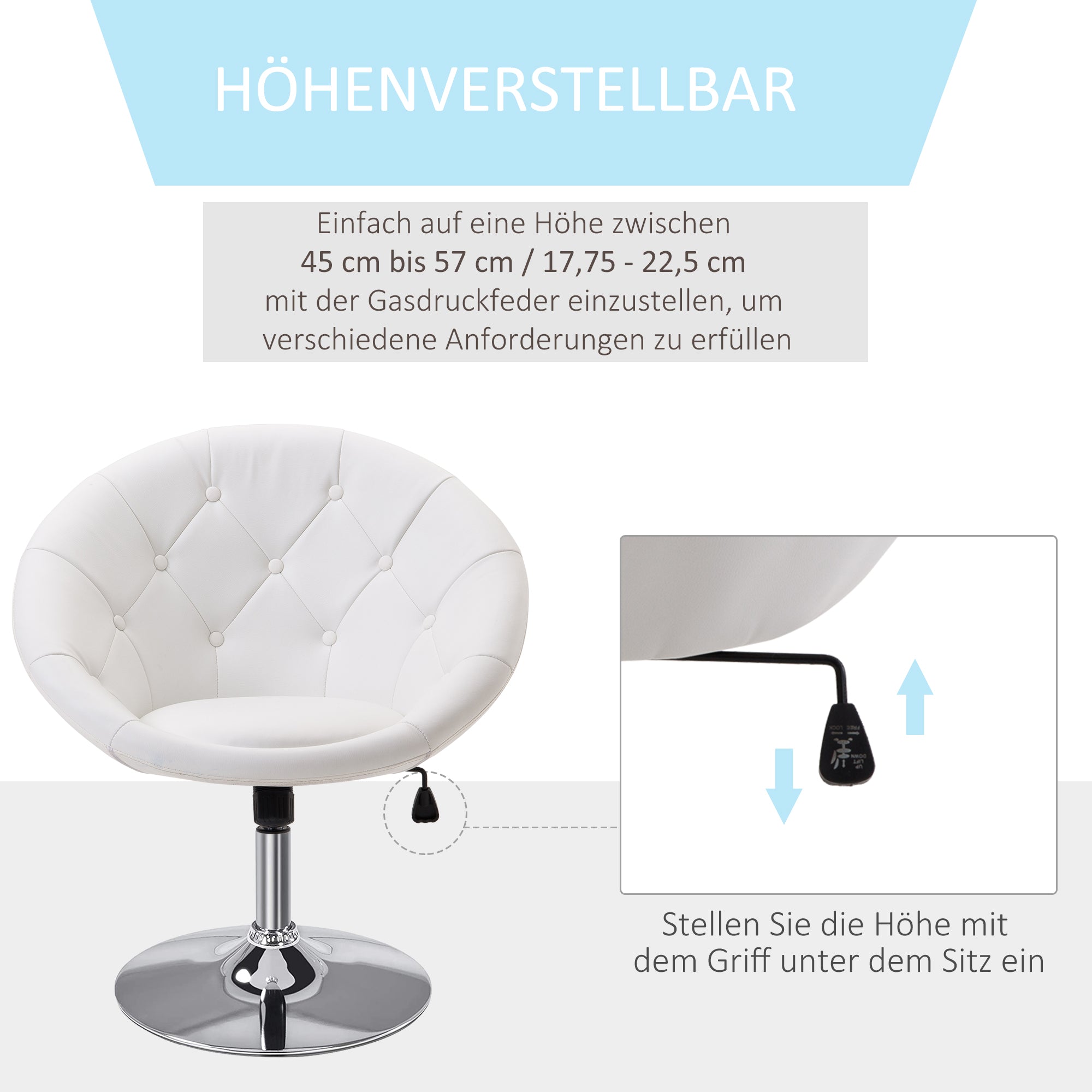 HOMCOM Arbeitshocker Drehhocker Drehstuhl Bürostuhl verchromt höhenverstellbar, Kunstleder+Stahl, Schwarz/Weiß, 71x59x78-90cm (Weiß)