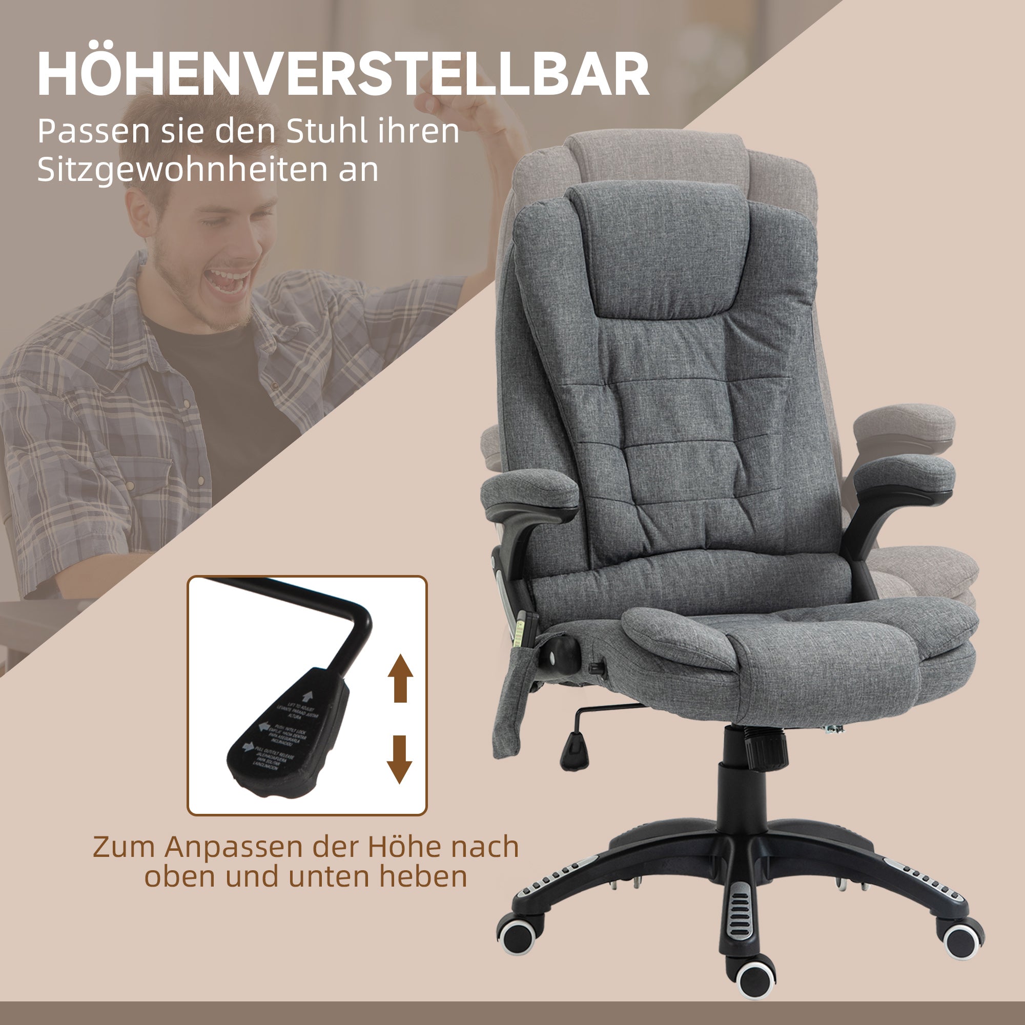 Vinsetto Bürostuhl  Massagesessel mit Wärmefunktion, Ergonomischer Chefsessel, Höhenverstellbarer Drehstuhl, Gamingstuhl mit Massage, Dunkelgrau, 68 x 72 x 110–120 cm