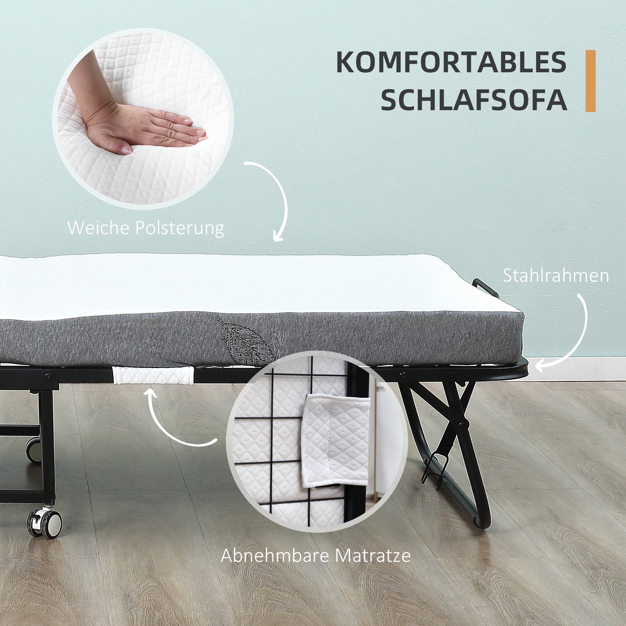 HOMCOM Gästebett Klappbett mit Rollen Stahl+Schaumstoff Weiß+Schwarz 200 x 80 x 42,5 cm