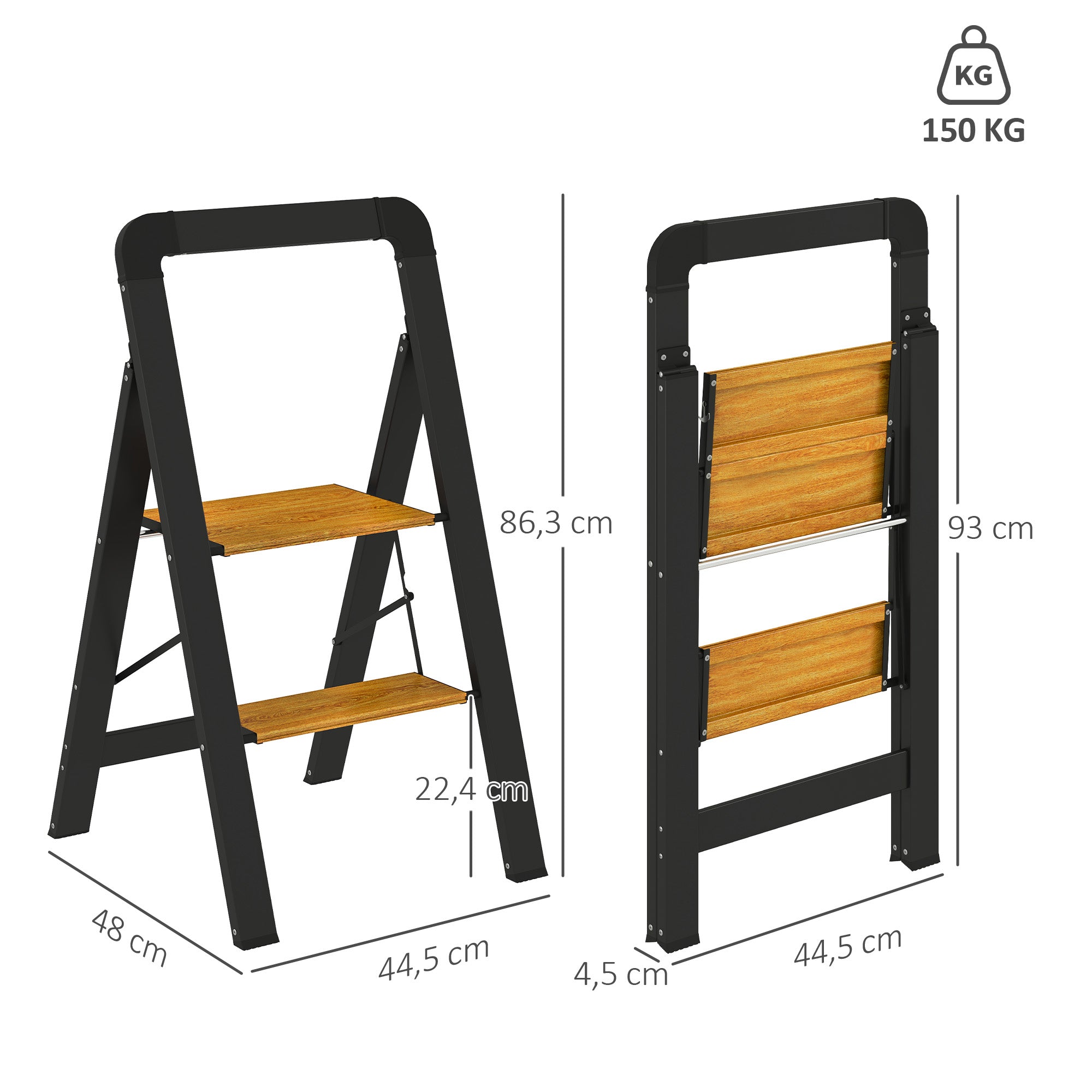 HOMCOM 2-stufige Trittleiter, Metall, faltbar, rutschfeste Plattform, Schwarz