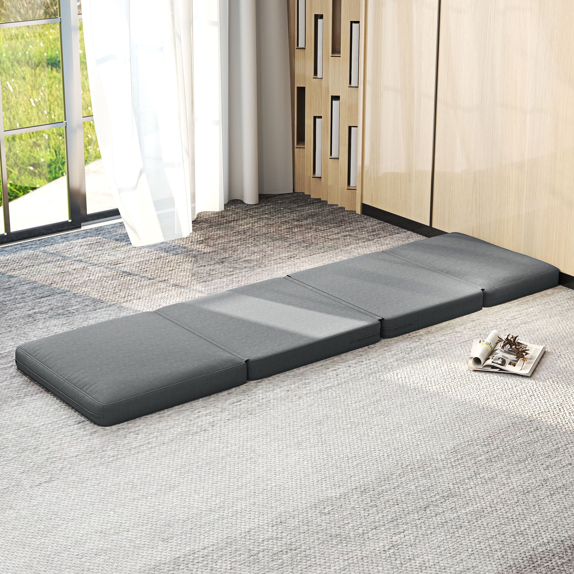 HOMCOM Faltbarer Bodensessel mit Kissen, wandelbares Polstersofa, Wohnzimmer, Gästezimmer, Büro, 75 x 268 x 18 cm, Dunkelgrau