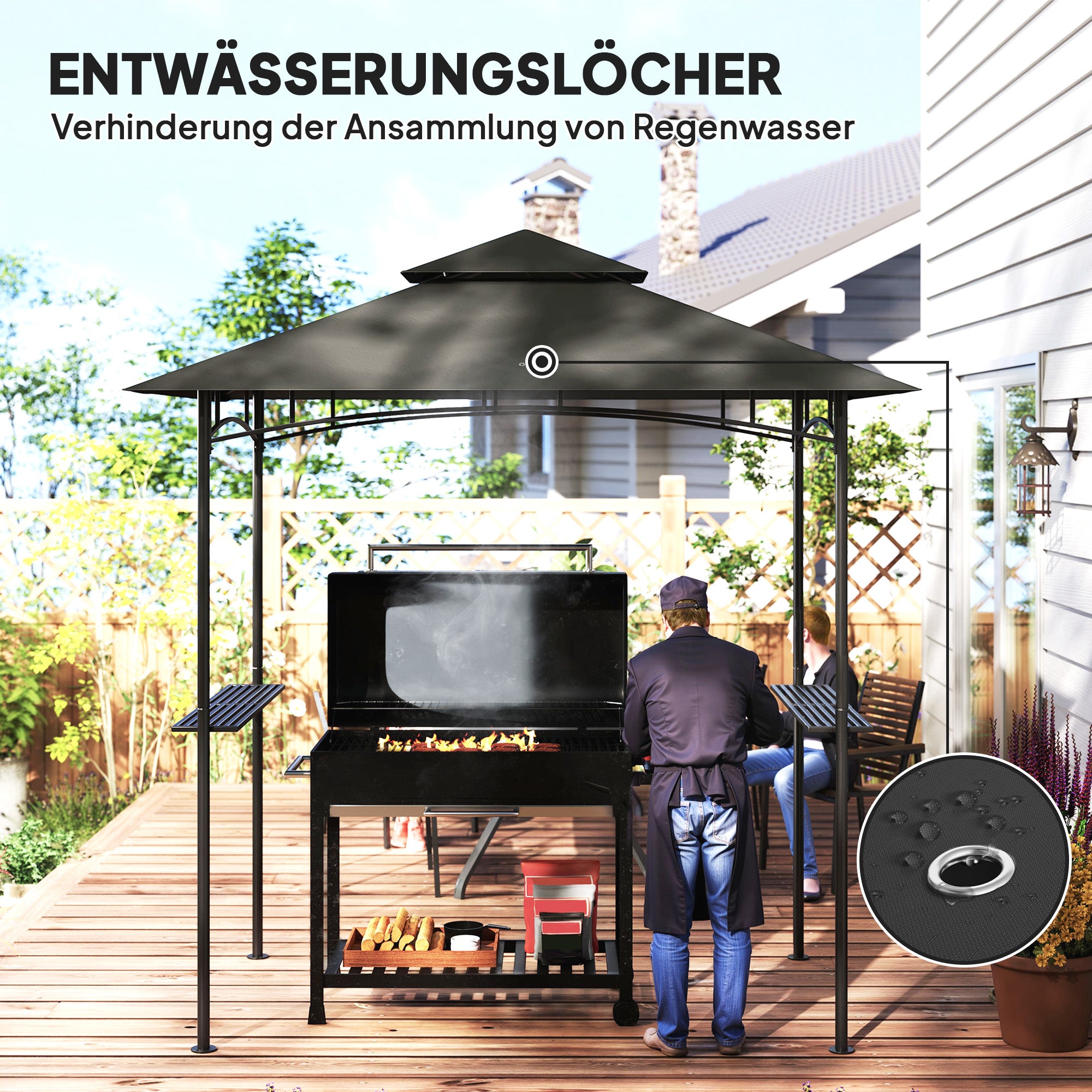 Outsunny Grillpavillon mit LED 240 x 150 x 258 cm wasserabweisend flammhemmend Gartenpavillon mit Doppelschichtdach