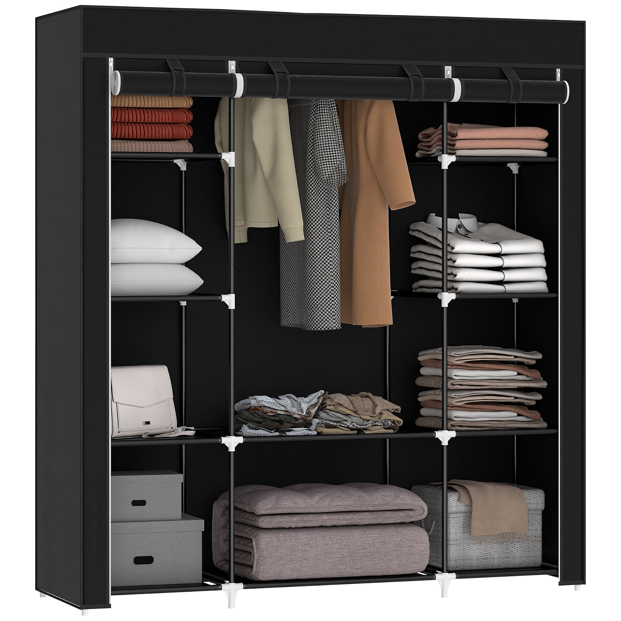 HOMCOM Stoffschrank aus Vlies, Faltschrank, 1 Kleiderstange, 9 Regale, 150 cm x 43 cm x 162,5 cm, Schwarz