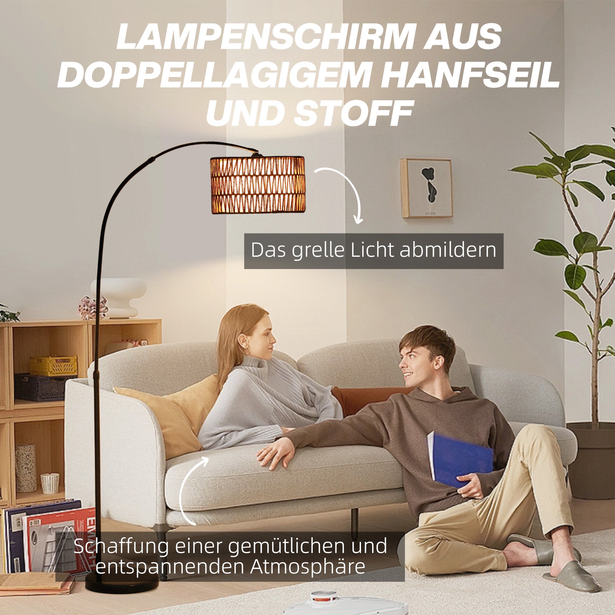 HOMCOM Stehlampe mit Hanfseil-Schirm, höhenverstellbar, Fußschalter, Metall, Schwarz