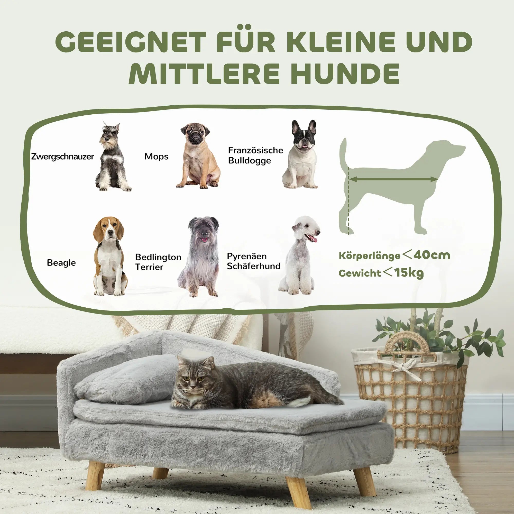 PawHut Hundesofa 80x50x40 cm hellgrau mit Holzbeinen
