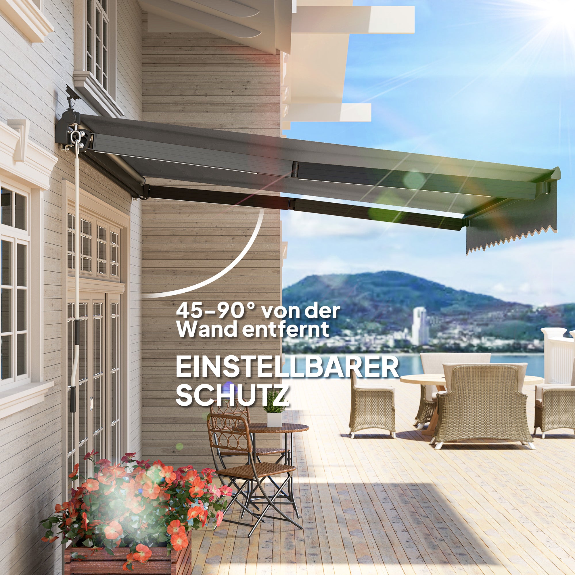 Outsunny Klemmmarkise mit Handkurbel Solar-Lichte Gelenkarmmarkise Markise Sonnenschutz UV 50+ 400 cm breit Grau