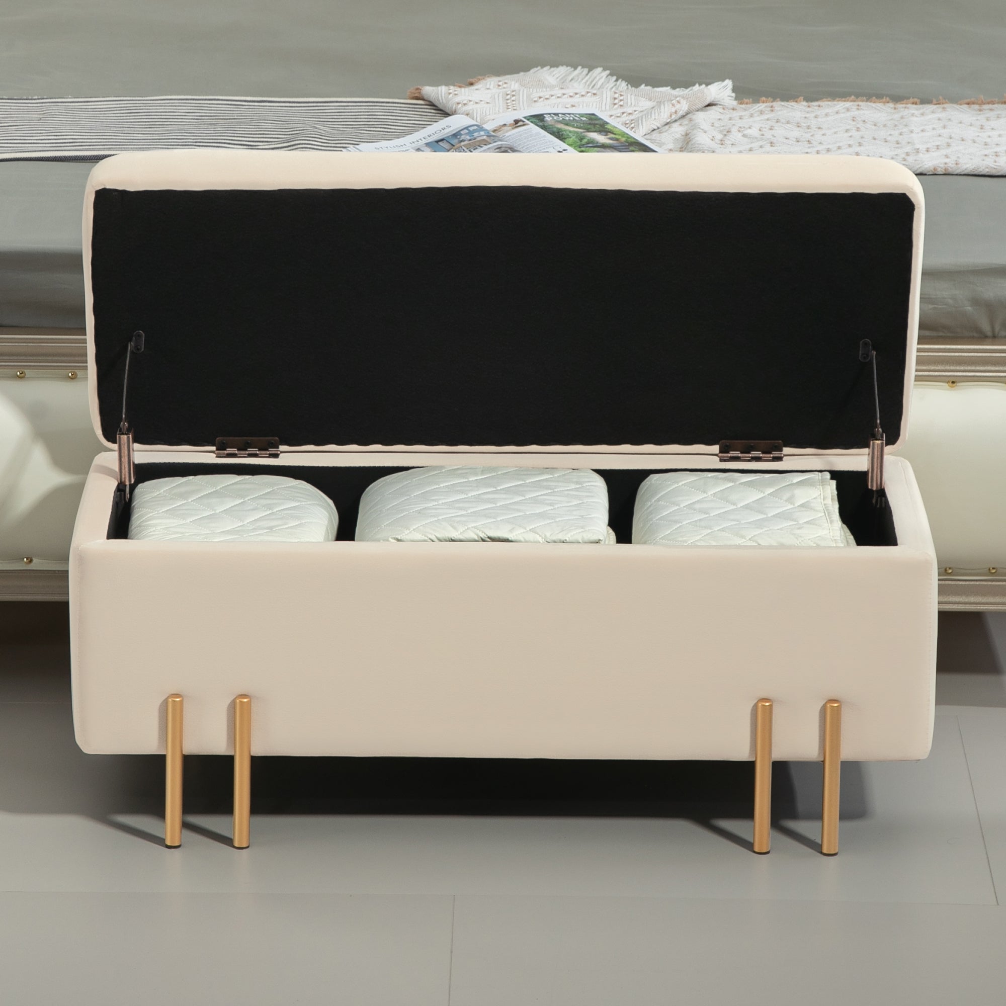 HOMCOM Polsterbank mit Stauraum, Truhenbank, Schaumstoff, Metall, Kautschukholz, 100 x 40 x 42 cm, Beige
