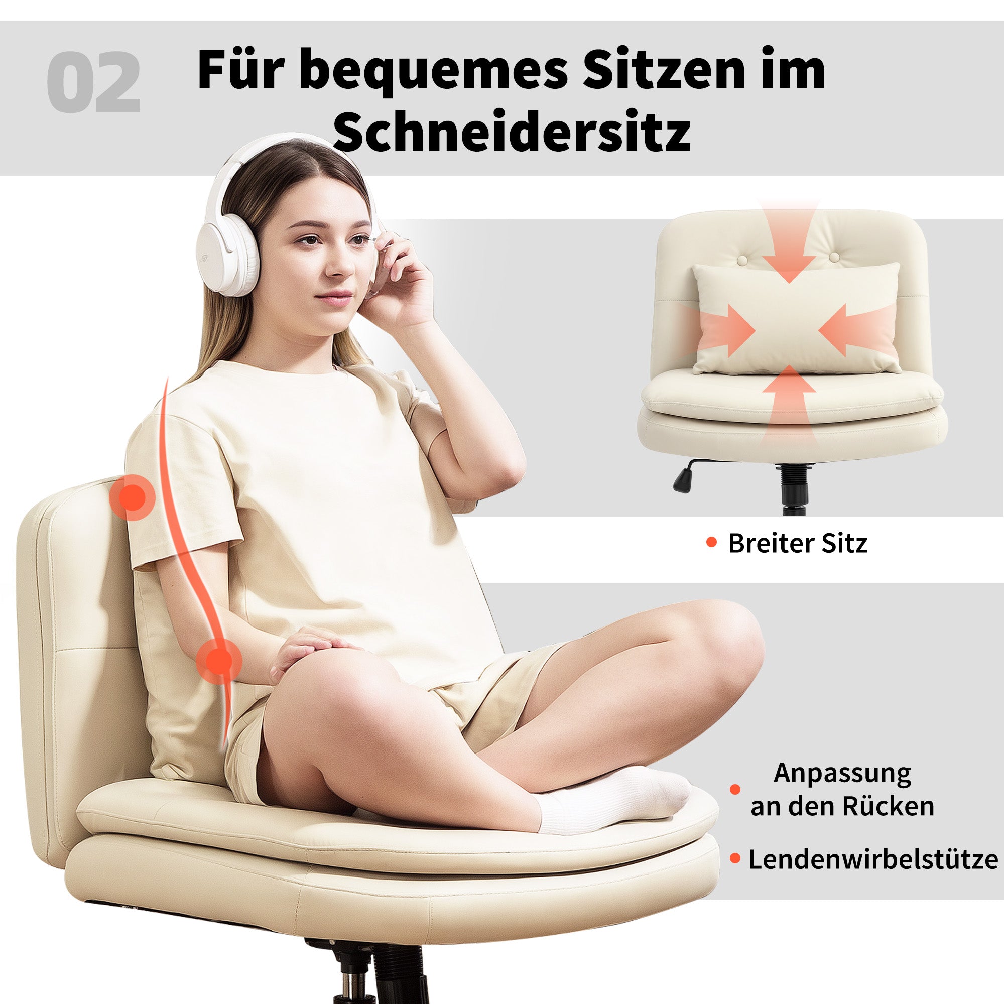 HOMCOM Armloser Bürostuhl mit Kunstleder-Bezug, Schreibtischstuhl mit Rollen, Extra-Kissen, höhenverstellbar, rollbar, Beige