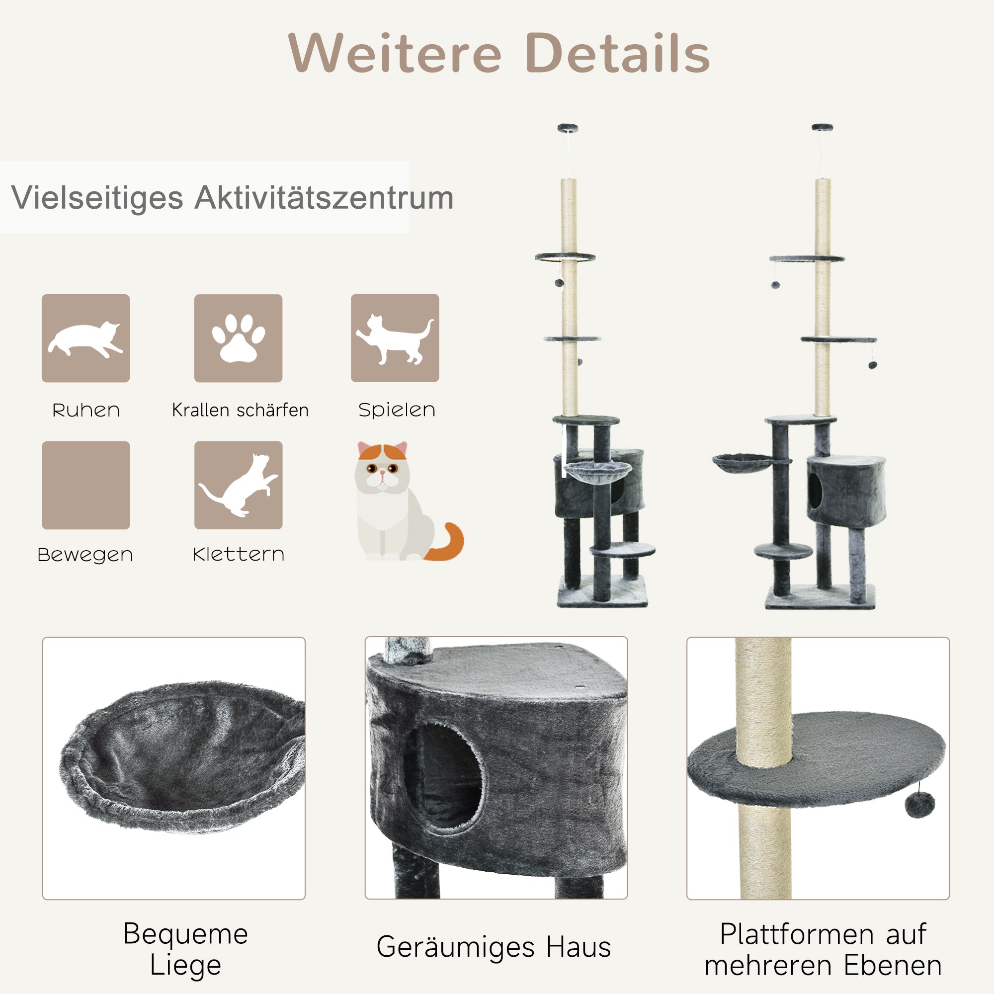 PawHut Kratzbaum deckenhoch Höhe 220-265 cm Katzenbaum mit Spielbälle, Katzenhöhle, Hängematte, Sisalstämme, Plattformen mehrstöckiger  Katzenkratzbaum Kletterbaum für mittelgroße Katzen, Dunkelgrau