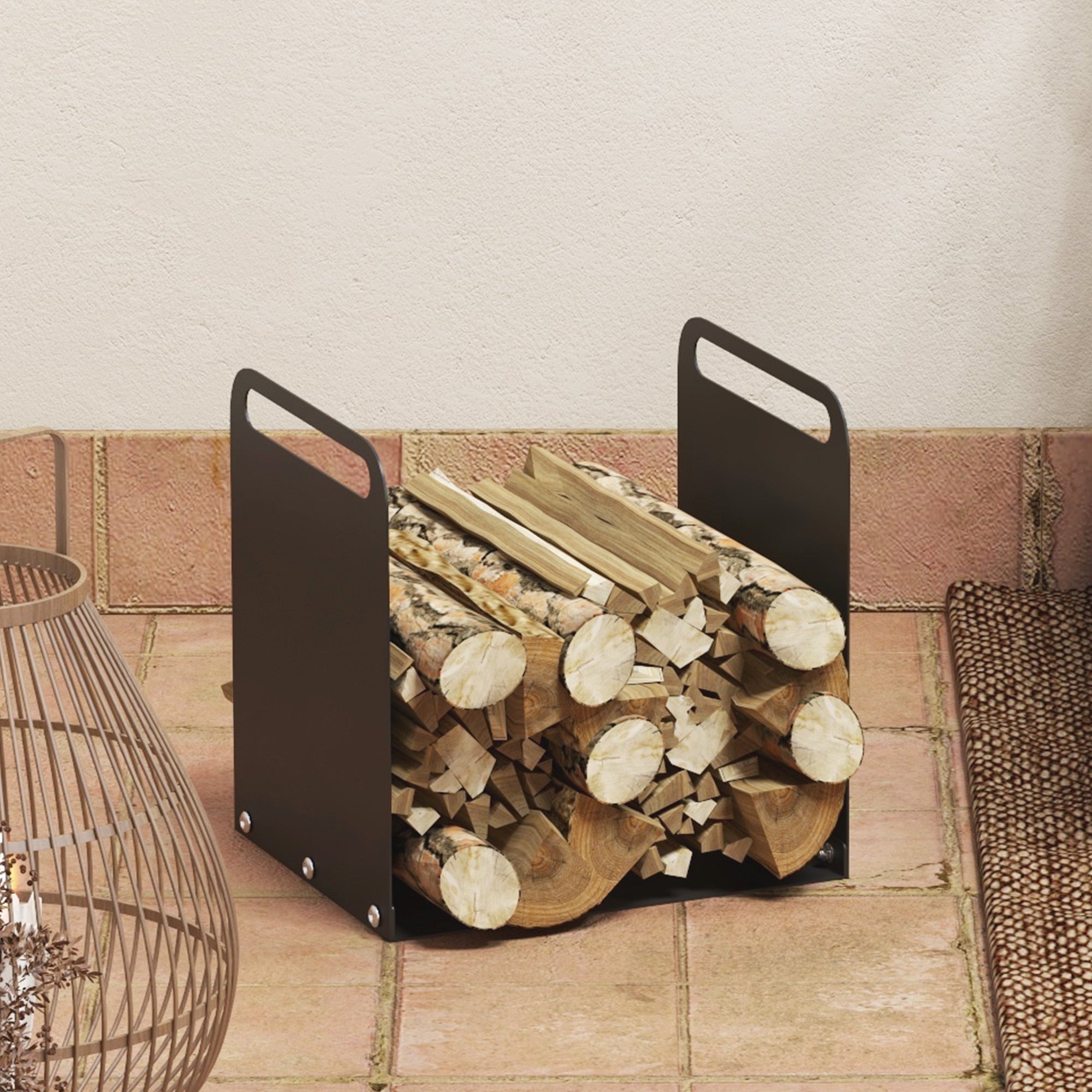 Outsunny Feuerholzgestell, 2 Tragegriffe, Stahlrahmen, bis 30kg, 36x30x36cm, Schwarz