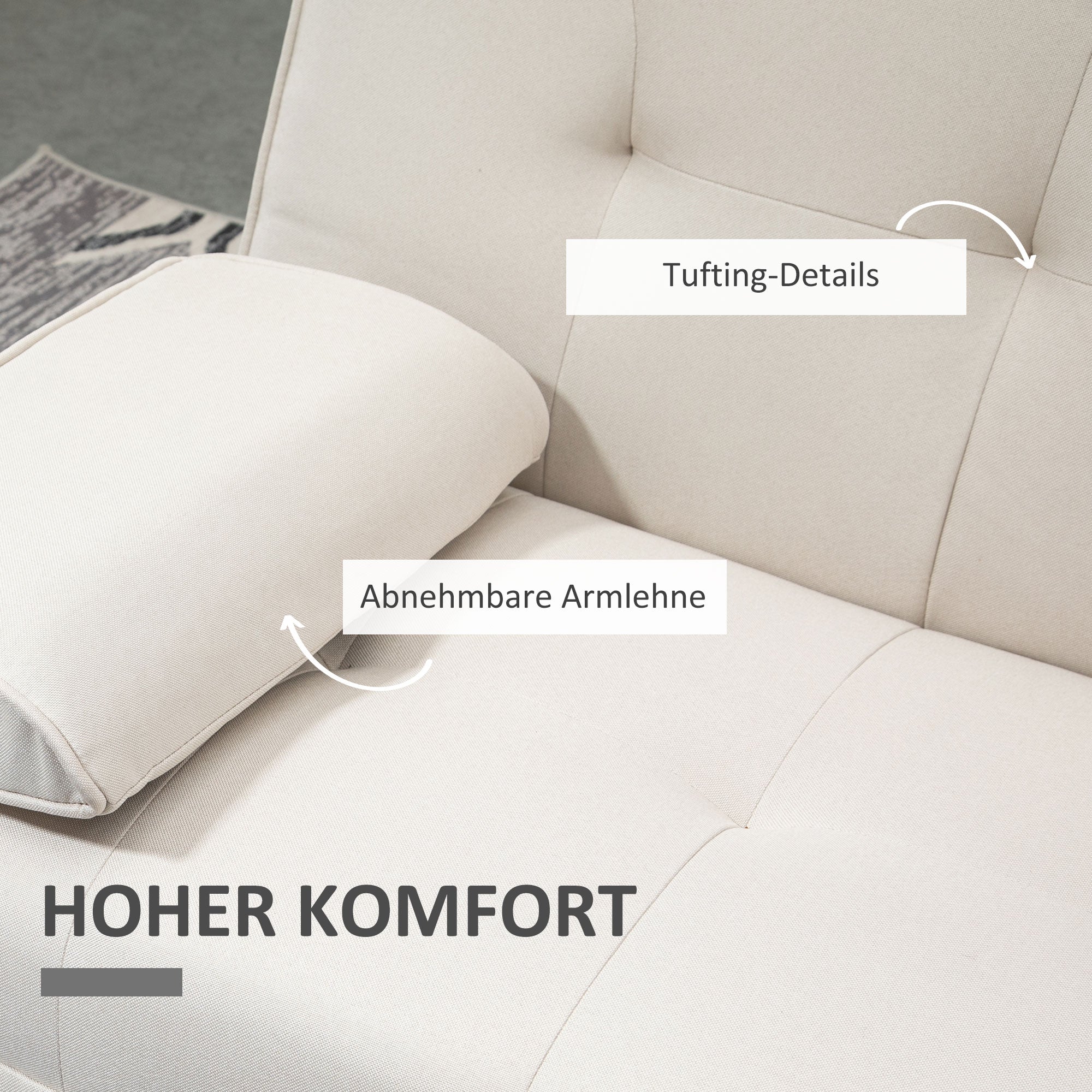 HOMCOM Schlafsofa 3-Sitzer, neigbare Rückenlehne mit Klapptisch, zwei Armpolster, Leinenoptik, beige, 181 x 77 x 78 cm