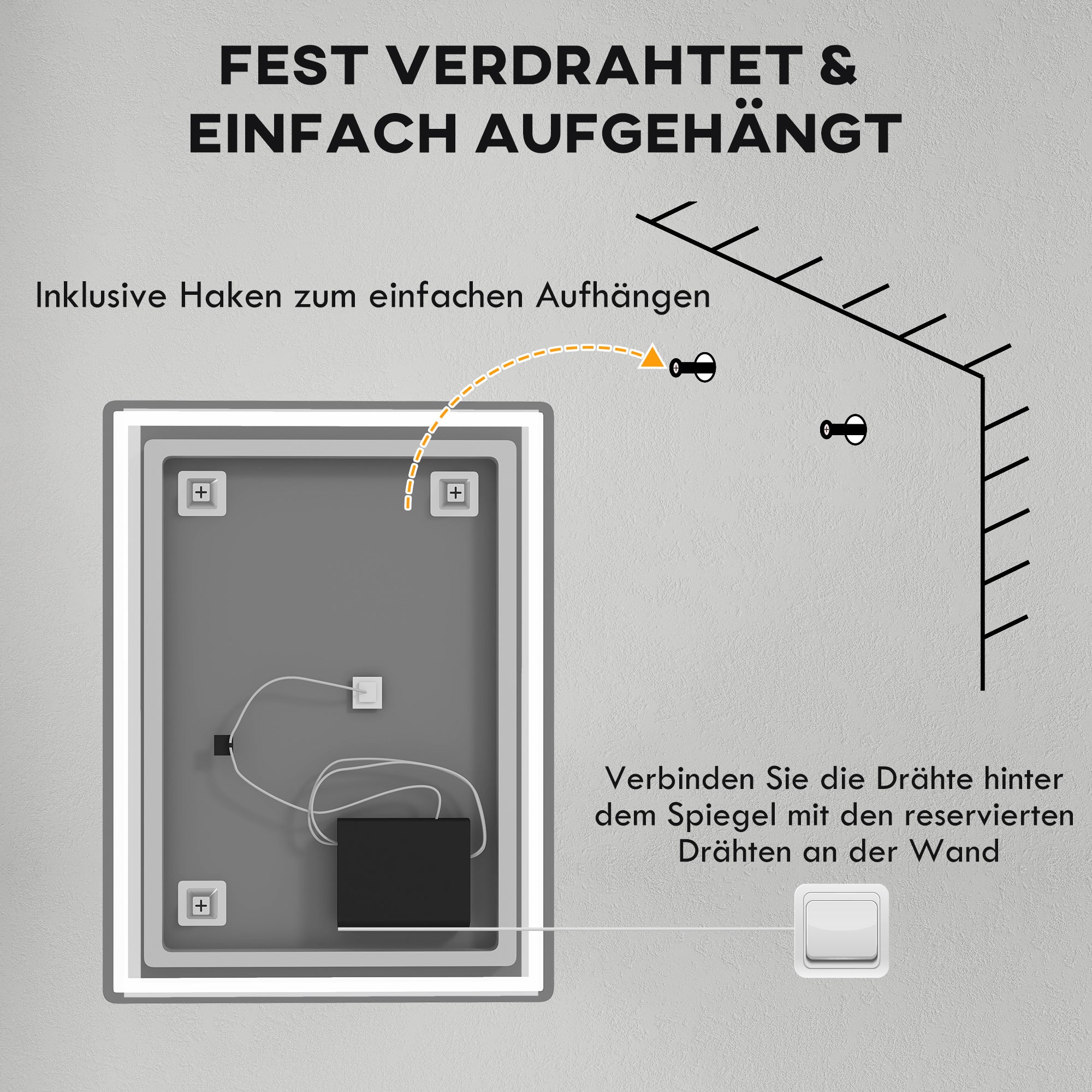 HOMCOM Badspiegel Badezimmerspiegel Wandspiegel LED´s. Ber, gsschalter, Antibeschlagfunktion, 60 x 80 x 4 cm, Weiß