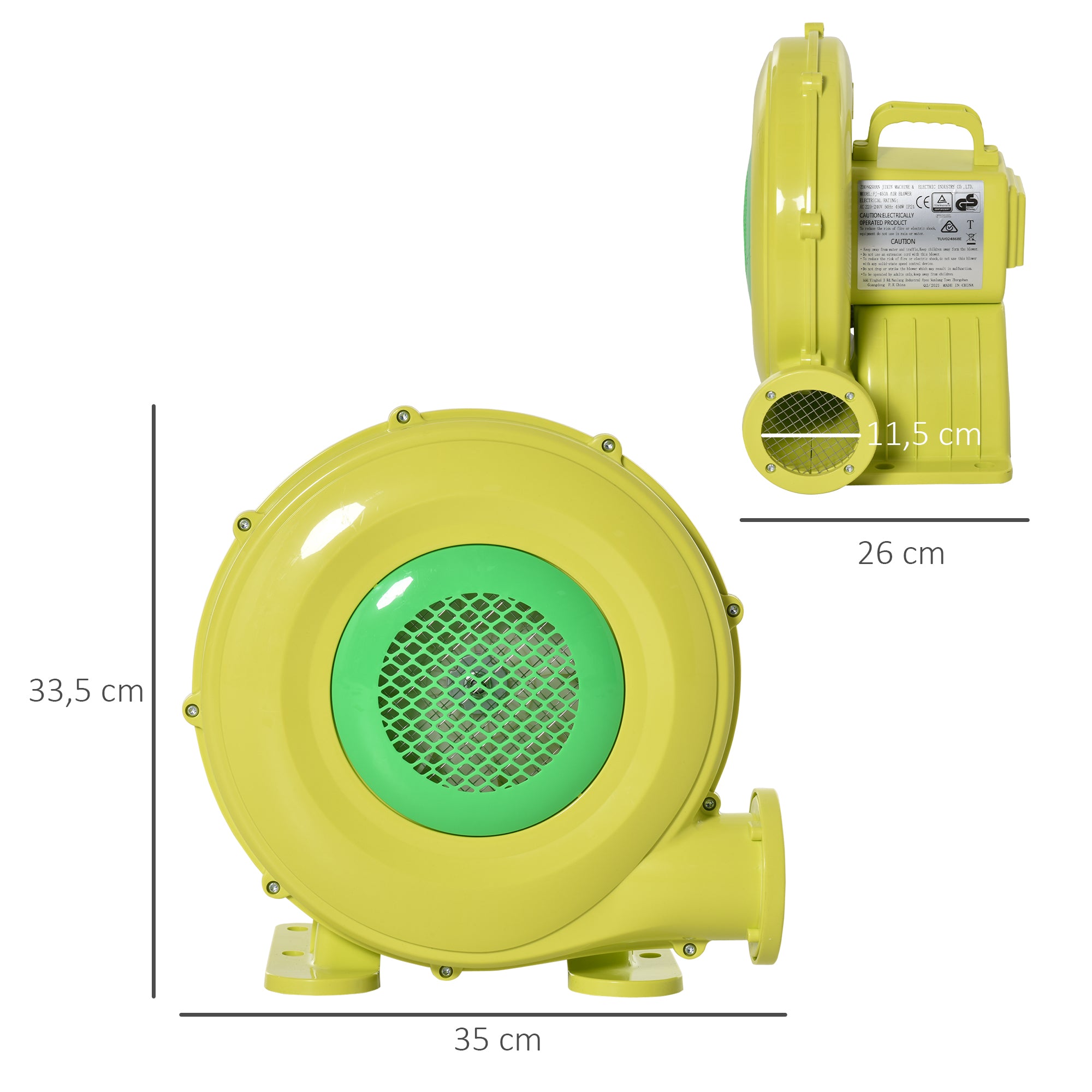 Outsunny 450W elektrische Luftpumpe Hüpfburg Gebläsepumpe Ventilator mit Griff Dauergebläse leichtgewichtig tragbar für aufblasbare Spielzeuge ABS Gelb+Grün 35 x 26 x 33,5 cm