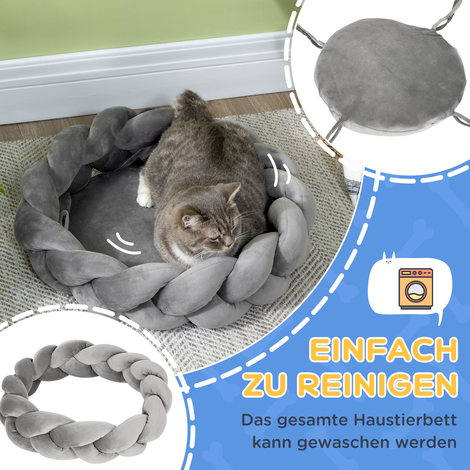 PawHut Haustierbett inkl. Kissen, Katzenbett, Hundekorb, waschbar, 55 cm x 55 cm x 14 cm, Grau