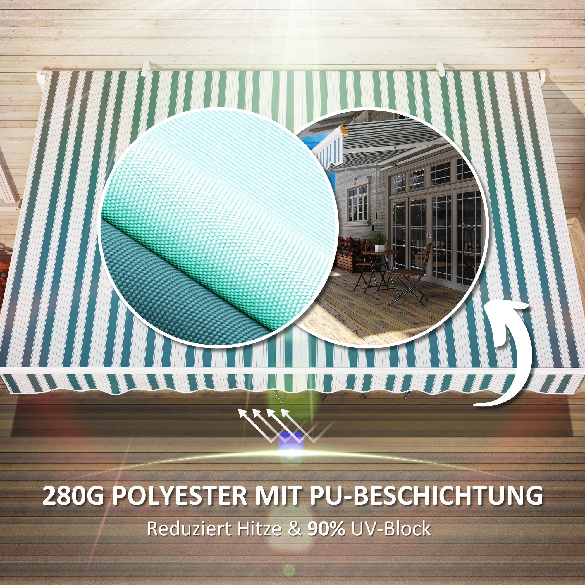 Outsunny Markise, Sonnenschutz, einfahrbar, mit Handkurbel, Metallrahmen, Polyester, weiß+grün, 3,95 x 2,45 m
